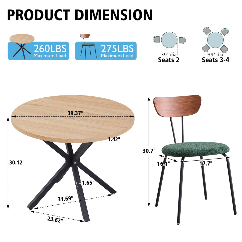 5 Piece 39 Round Dining Table Set for 4, Mid Century Kitchen Table with 4 Khaki Fabric Upholstered Dining Chairs for Apartment Living Room, Space Saving Table.