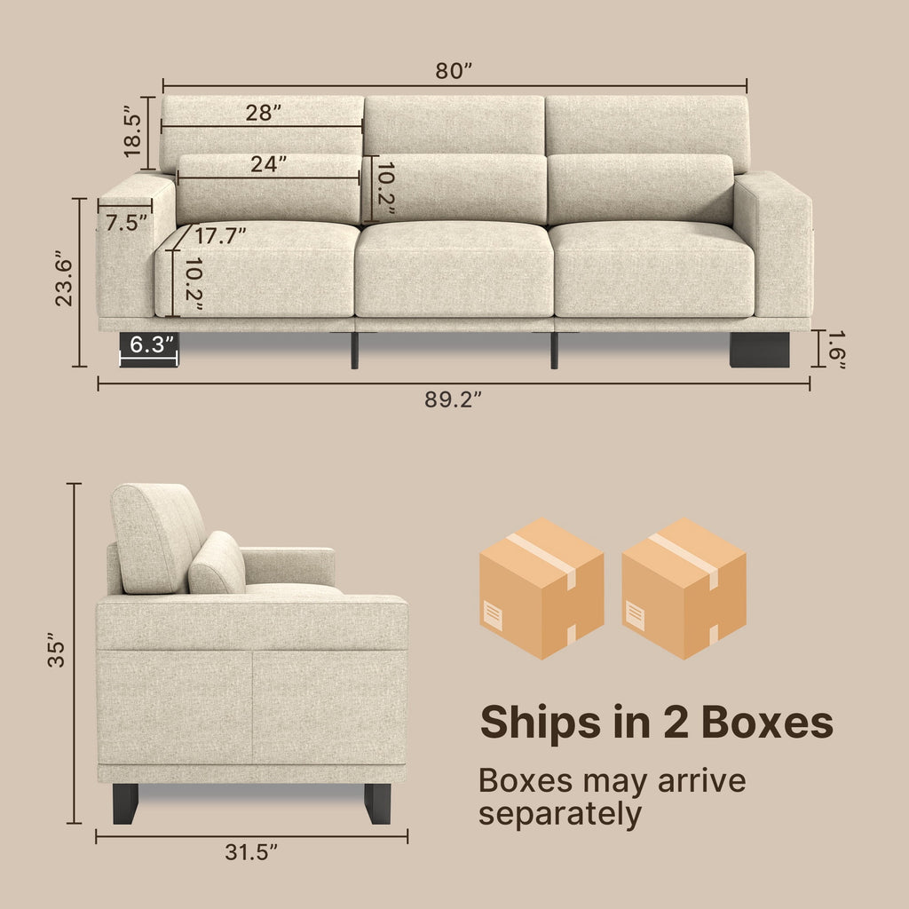 Asofer 89 3 Seater Sofa Couch,  Comfy Extra Deep Seat with Upholstered  3 Pillows for Living Room, Apartment,Dark Gray