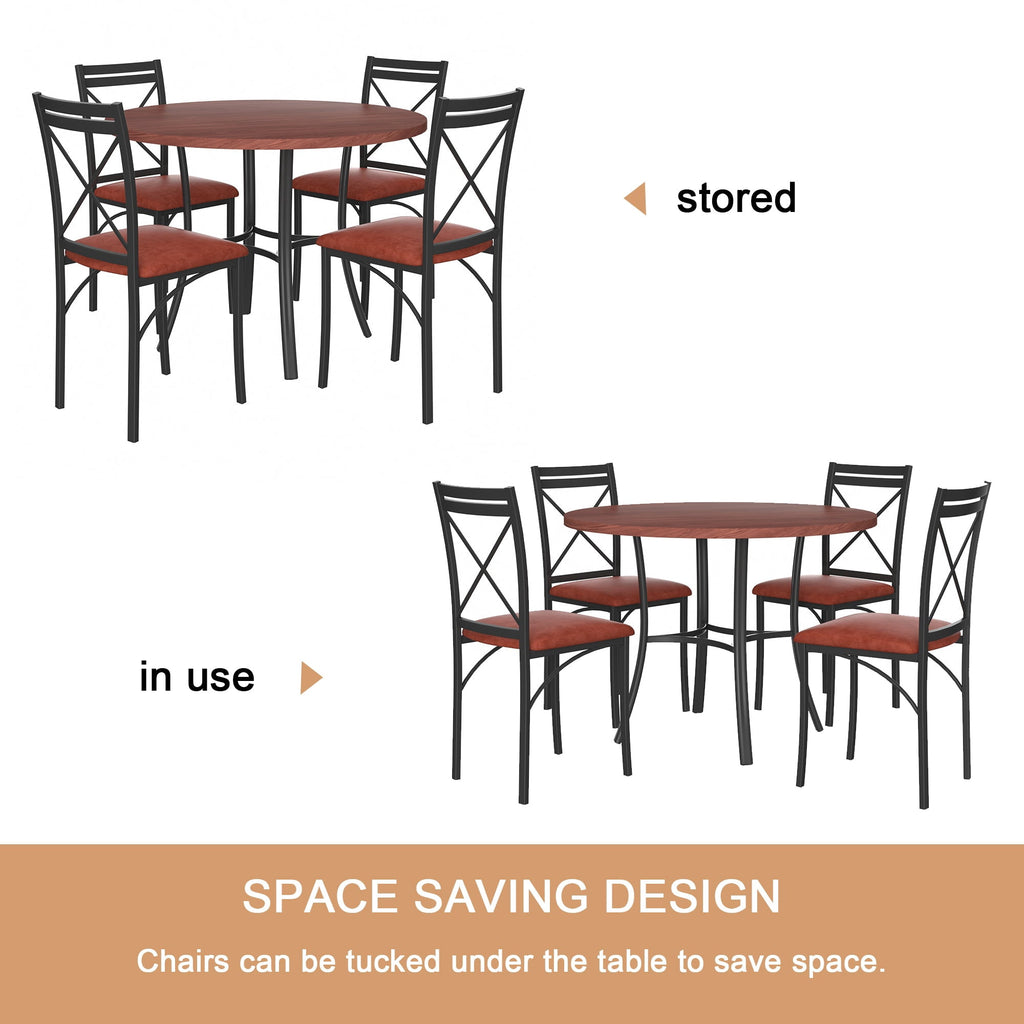 VECELO 5-Piece Dining Table Set, Modern Faux Marble Table and 4 Upholstered Chairs Set for 4, Round Dining Room Table Set for Small Space, Breakfast Nook, Apartment, Black
