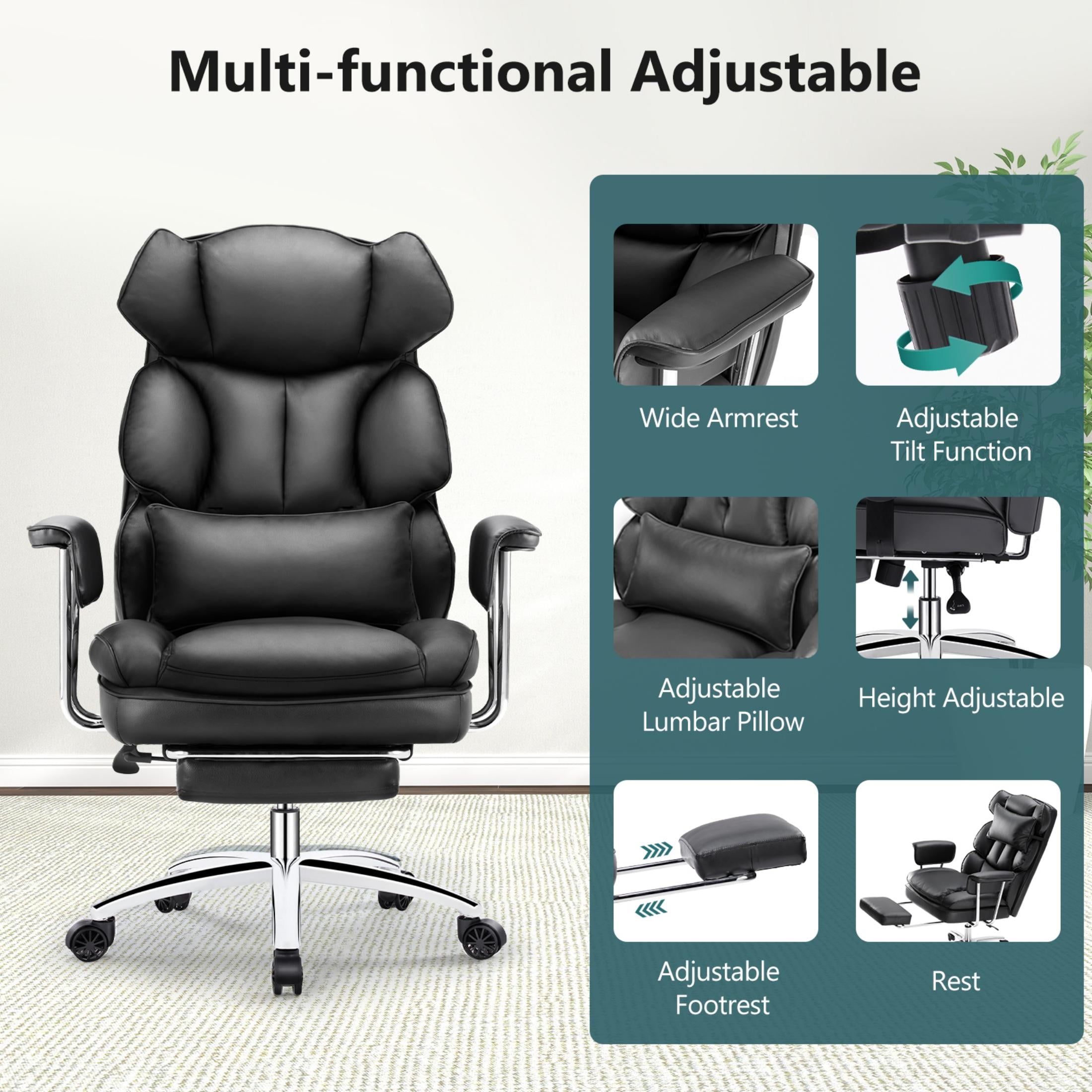 edx Executive Home Office Desk Chair, Ergonomic Big Tall High Back with Footrest & Lumbar Support, Reclining Comfy PU Leather Computer Gaming Chair with Swivel Wheels, Height Adjustable, Black