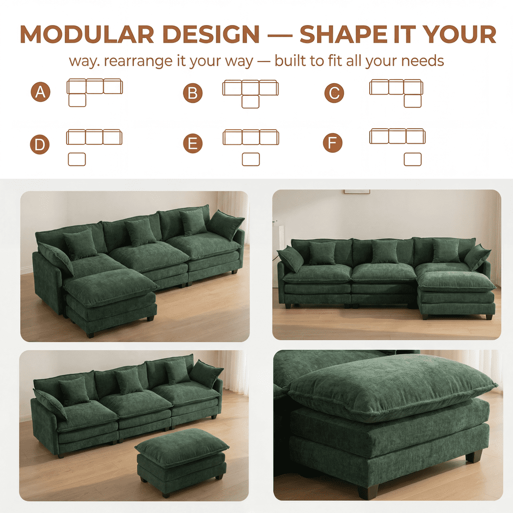 Dioepic Cloud Chenille 3-Seat Living Room Sectional Sofa Modern Cloud Couch 111.4 with Ottoman & 3 Pillows, Grey