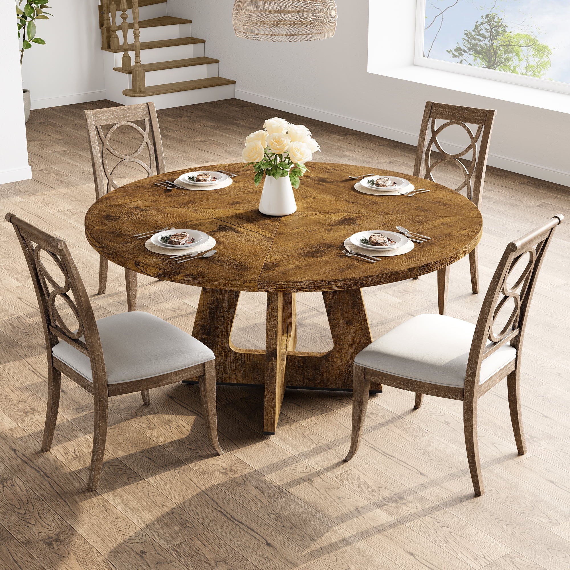 M optimized 47-Inch Round Dining Table, Wooden Kitchen Table for 4, Farmhouse Dinner Table with Wooden Top and Legs for Home Dining Room Living Room (Only Table)