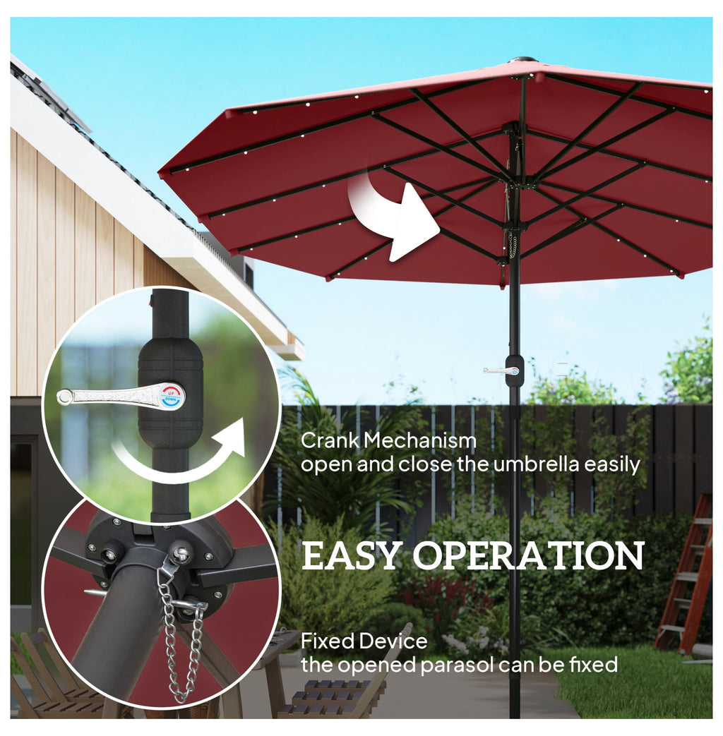 Garden Parasol 14.4ft Double Canopy, Solar LED Patio Umbrella with Base, Wine Red, Outdoor Sun Shade with Crank, Large Steel Frame for Garden, Deck, Backyard