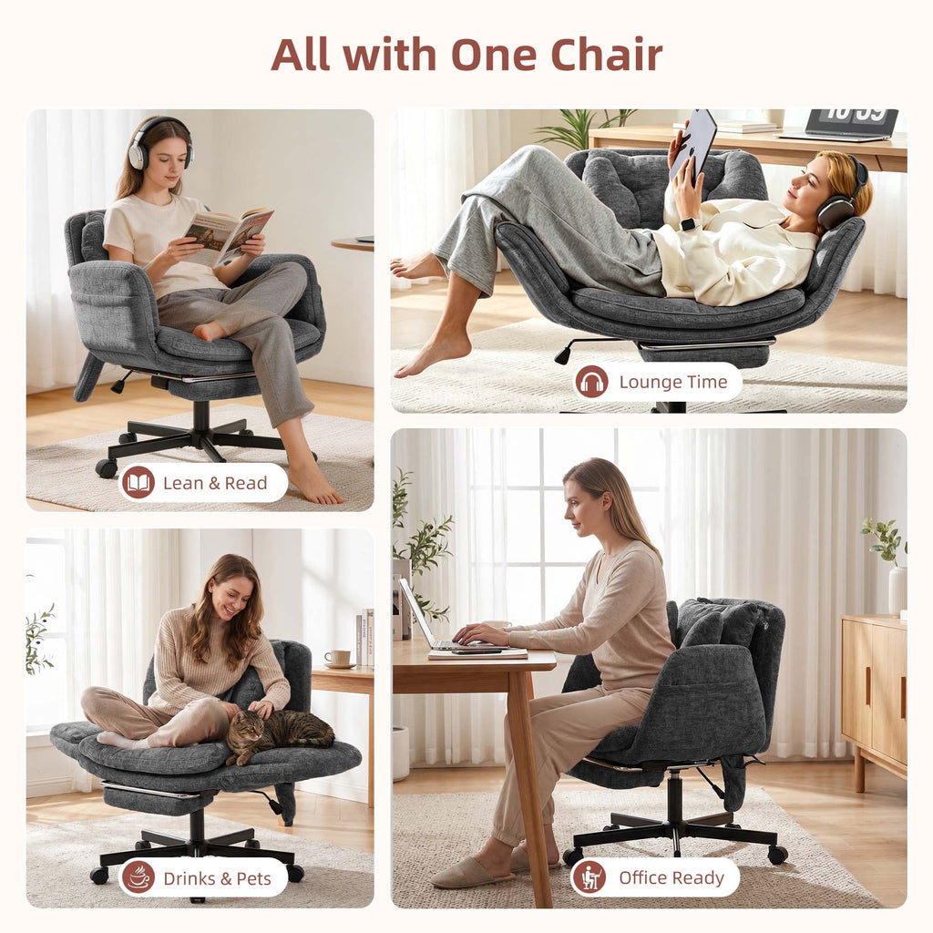 Hforesty Cross Legged Office Chair, Inflatable Flip-up Back & Wide Seat, 5-Position Armrests & Footrest, Ergonomic Task Chair for Home Office, Gray