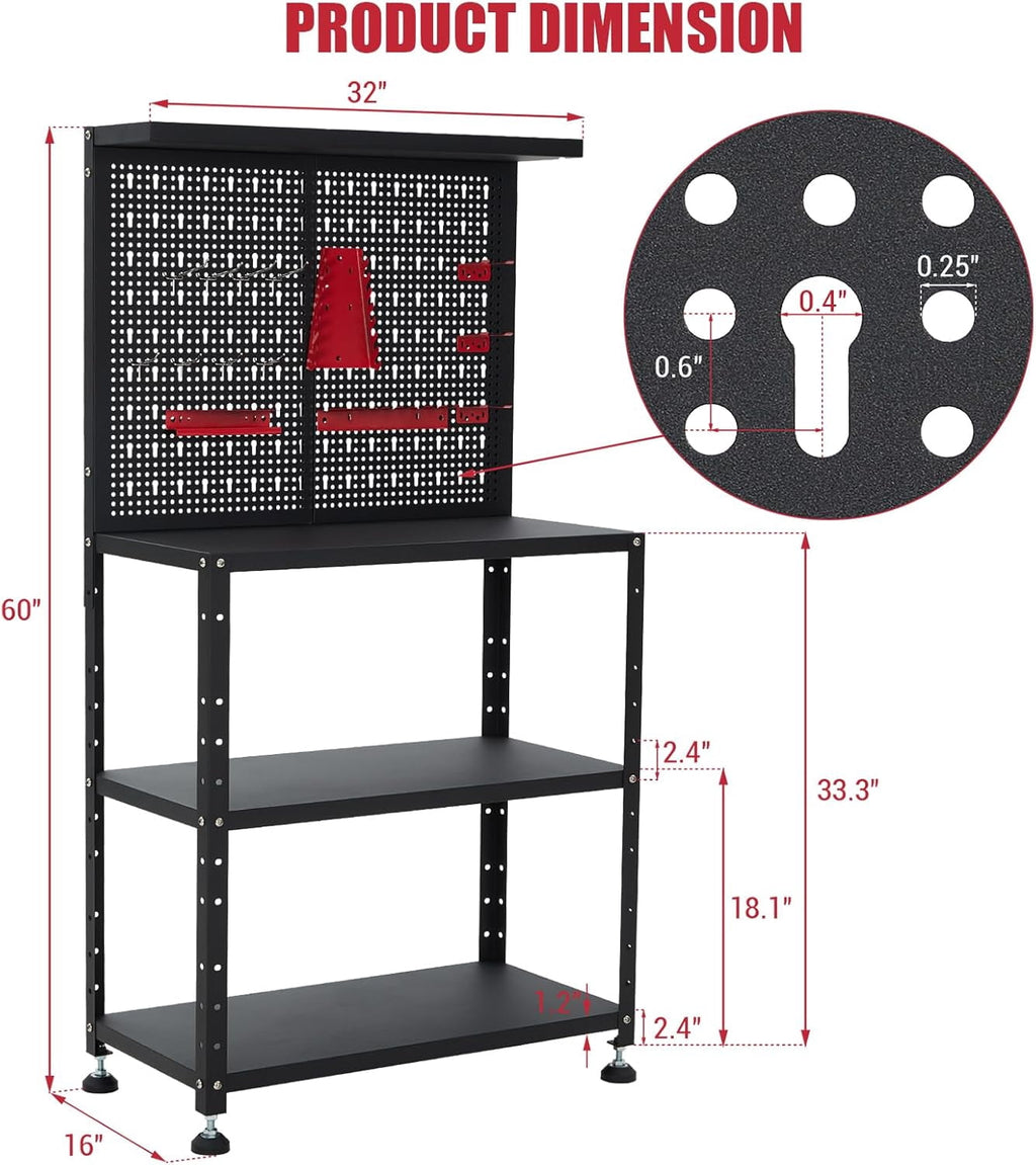 32x60 In Heavy Duty Steel Workbench 430 lb Capacity Garage Workbench with Pegboard Adjustable Shelves and Leveling Feet