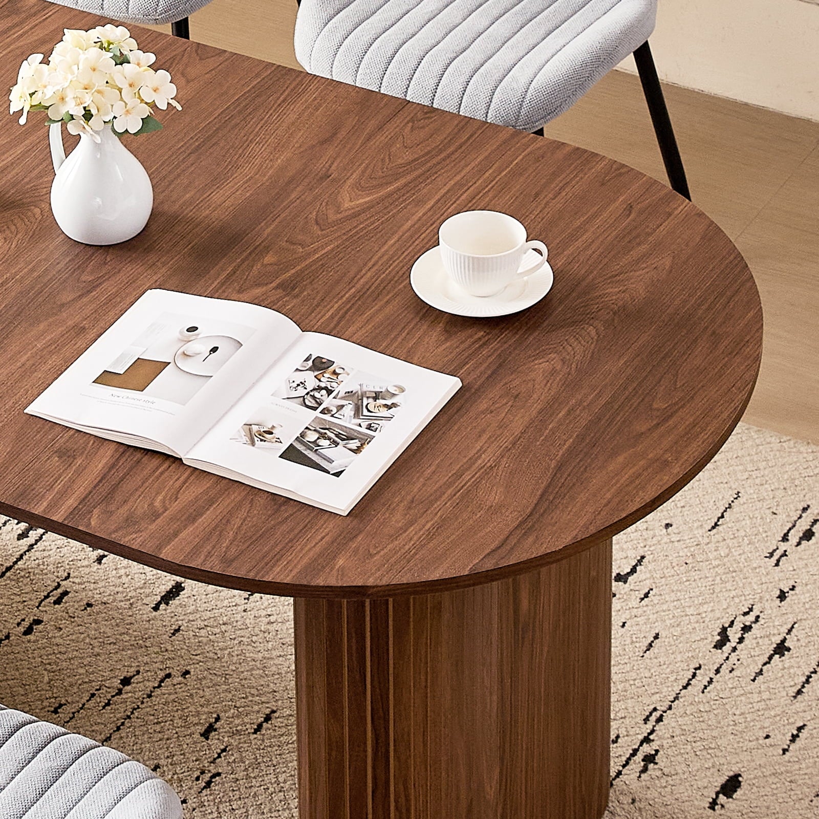 71 Natural Large Dining Table Set for 4 Modern Kitchen Table with Beige Boucle Upholstered Kitchen Chairs Set of 4
