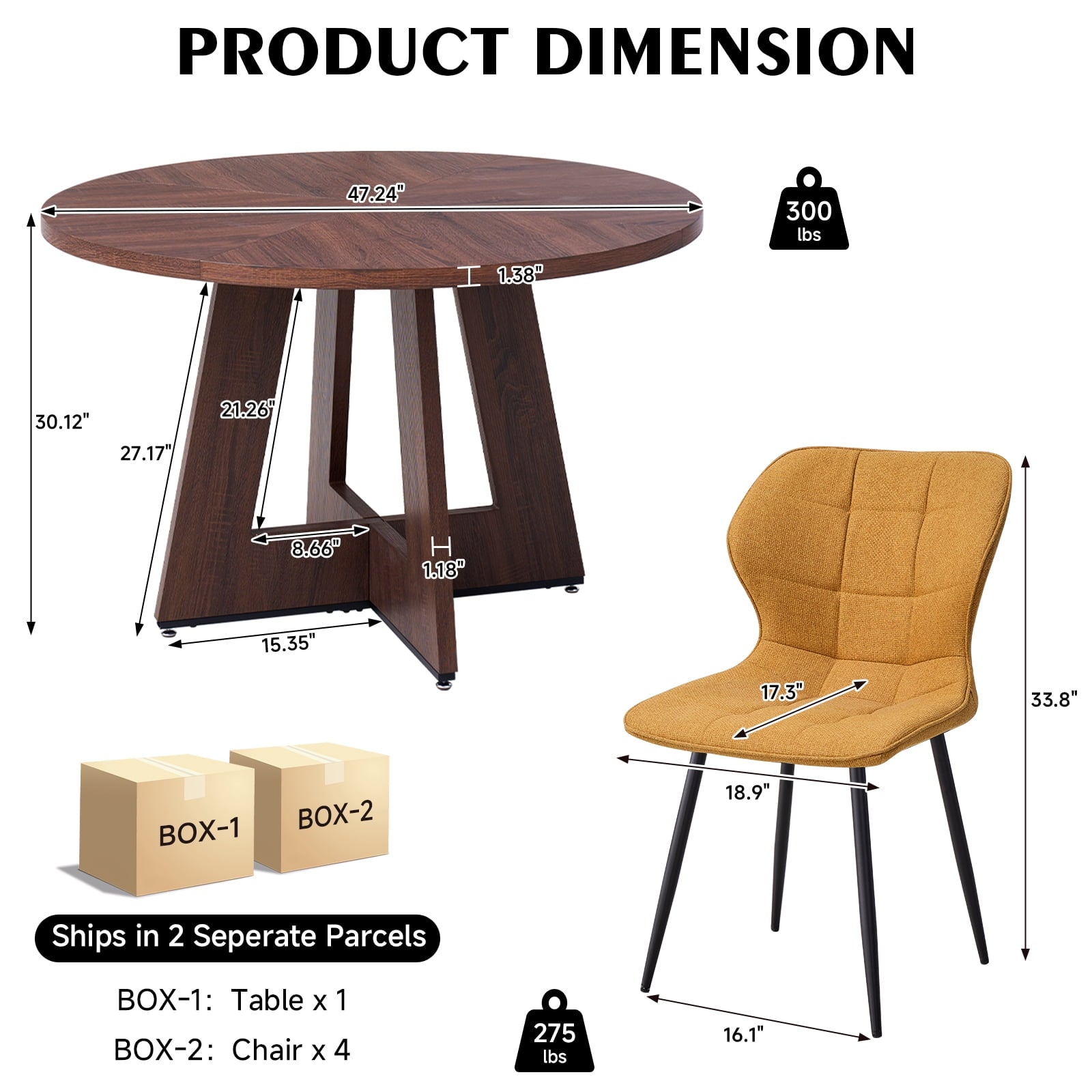 5 Piece 47'' Round Dining Table Chairs Set for 4, Farmhouse Oak Kitchen Table with 4 Boucle Mid Century Modern Dinning Room Chairs, Wood Dinner Table &Upholstered Chair Set of 4, Beige