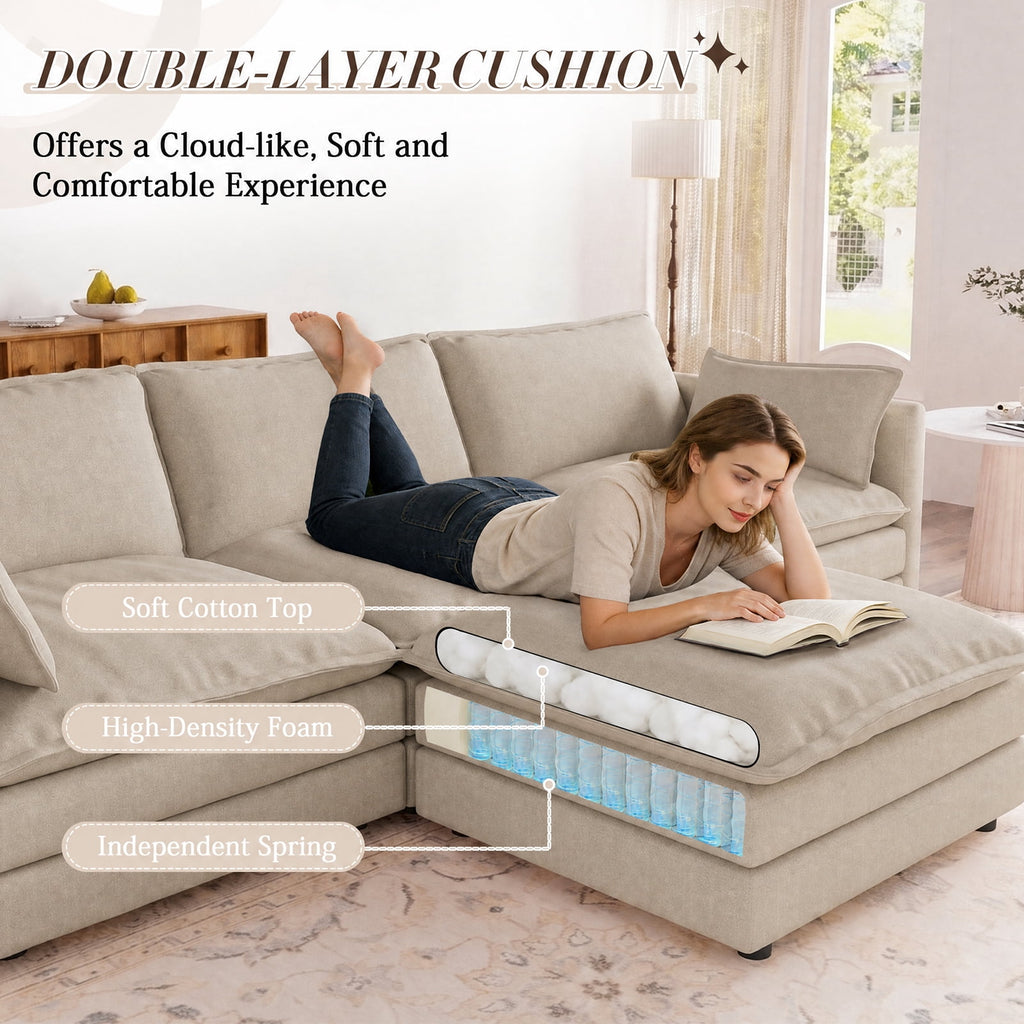 Muumblus Sectional Sofa Cloud Couch with Reversible Ottoman, L-Shaped Chenille Sofa for Living Rooms, Beige