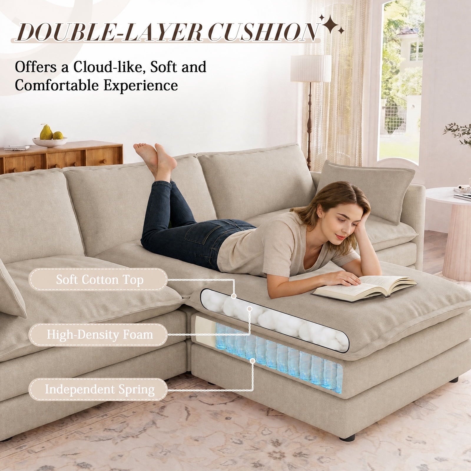 Muumblus Sectional Sofa Cloud Couch with Reversible Ottoman, L-Shaped Chenille Sofa for Living Rooms, Beige