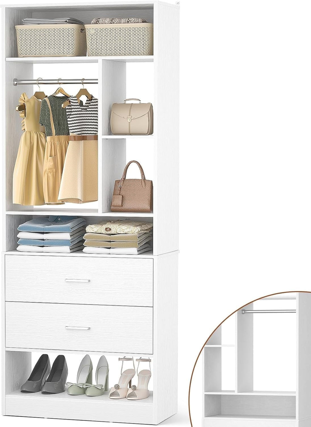 Homieasy Freestanding 24 Closet System with 2 Wood Drawers, 2FT Small Closet Organizer System with 6 Shelves & Hanging Rod, Walk-in Closet Systems for Small Closets, White