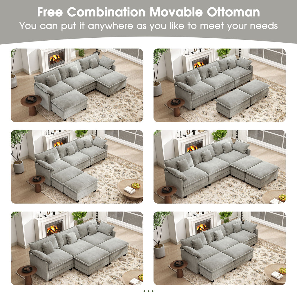 BedLuxury 111.5'' Modular Sectional Sofa with Movable Ottomans, U Shaped Cloud Couch for Living Room, 3-Seat, Grey