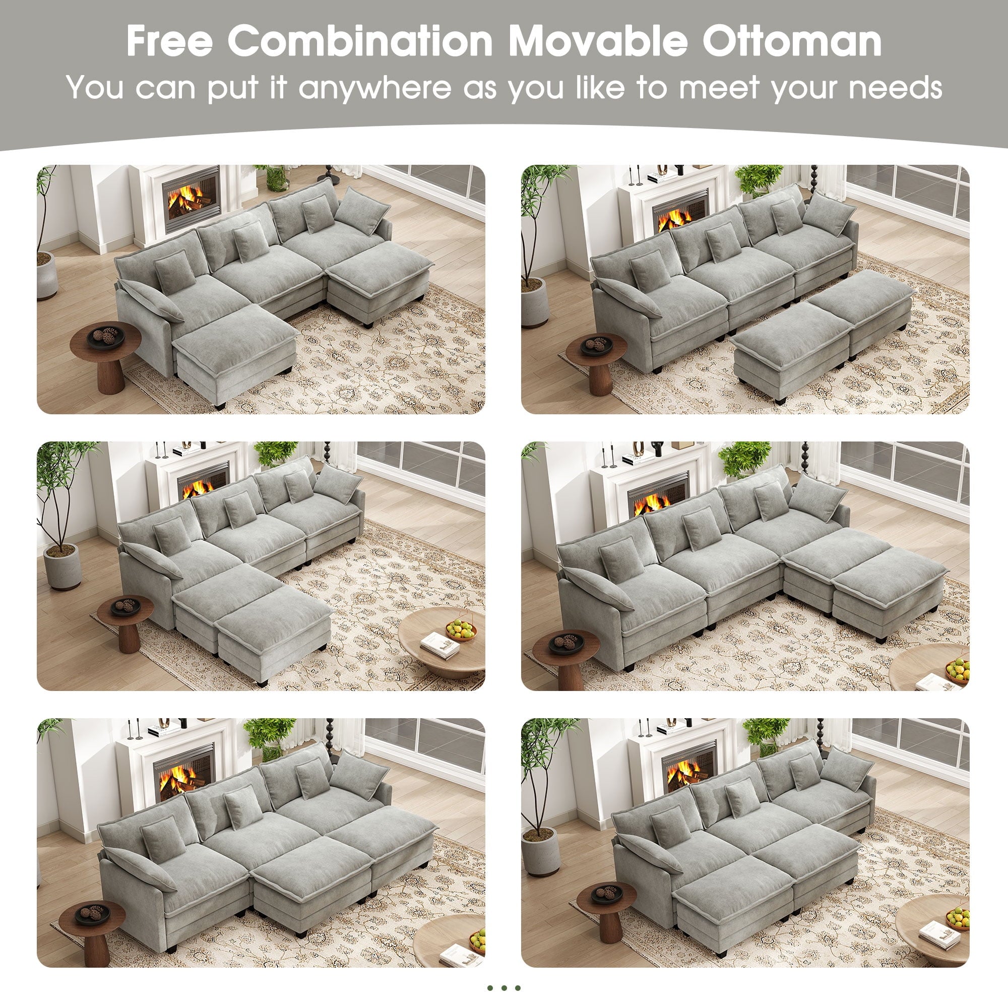 BedLuxury 111.5'' Modular Sectional Sofa with Movable Ottomans, U Shaped Cloud Couch for Living Room, 3-Seat, Grey