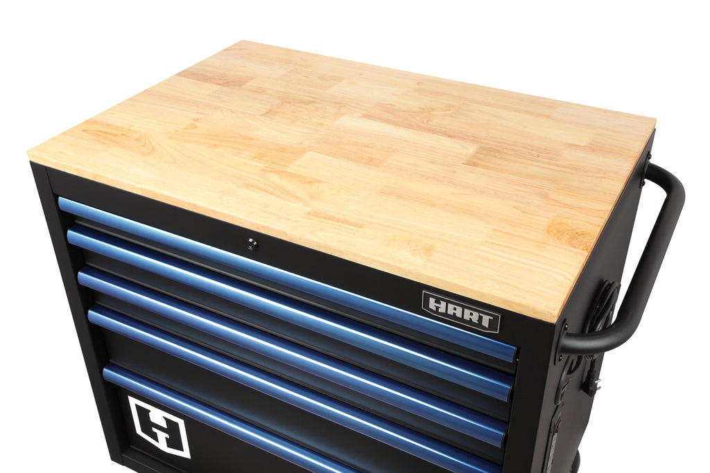 Hart 36-In W x 24-In D 5-Drawer Mobile Tool Chest Workbench W/ Wood Top, Garage Use