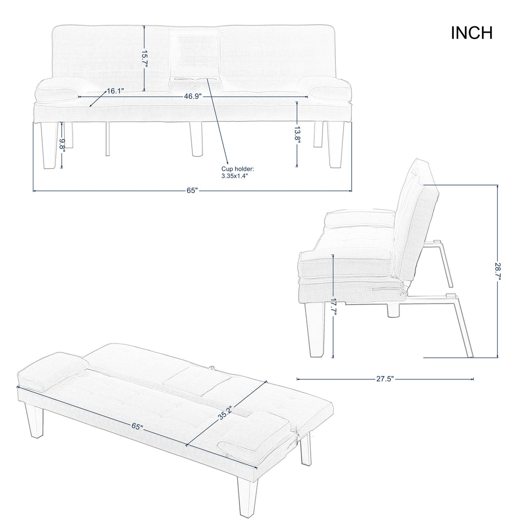 BSHTI 65 Modern Velvet Futon Sofa Bed with Drop Down Cup Holders, 3-Position Adjustable Backrest, Removable Arm Cushions, Chrome Legs for Living Room & Guest Room Black
