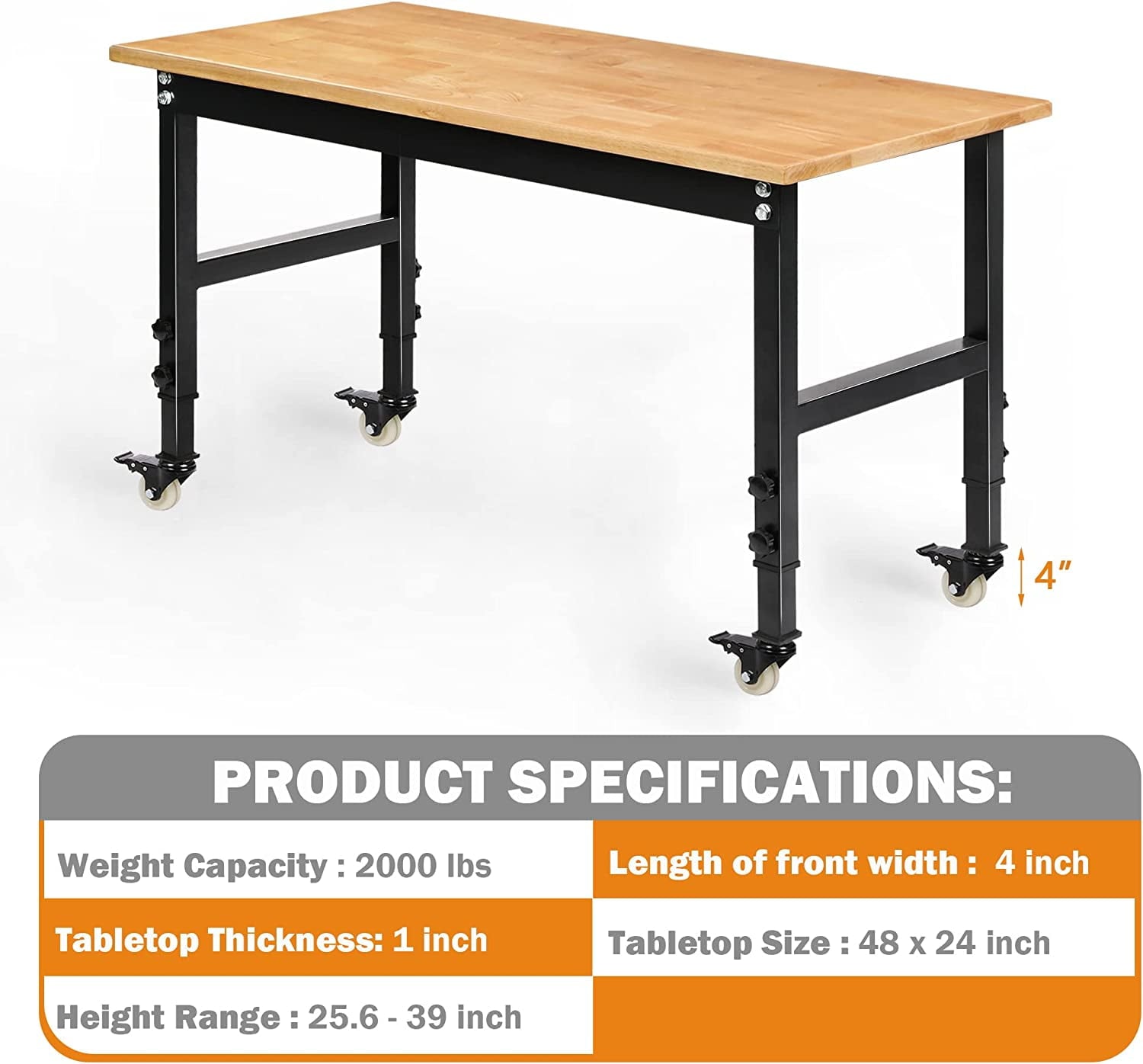 Tolead 60 Heavy-Duty Adjustable Workbench with Power Outlets, Rubber Wood Shop Table, Metal Wheels, Workstation