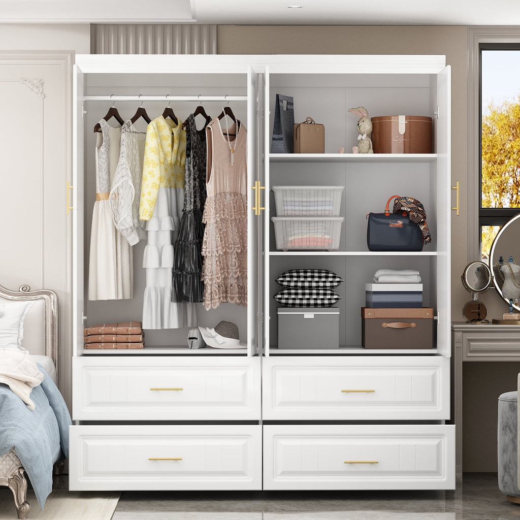 WIAWG 4 Door Wardrobe Closet with 4 Drawers & Shelves, Armoire Wardrobe Closet with Hanging Rod, for Bedroom White and Gold