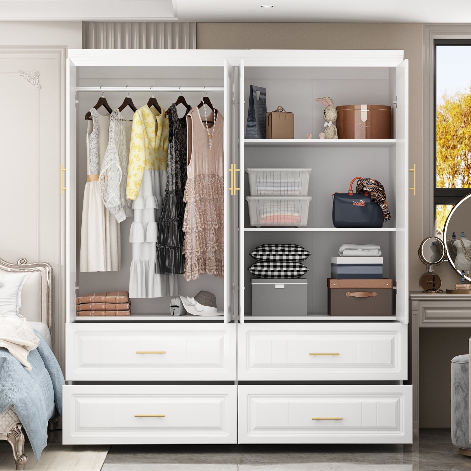 WIAWG 4 Door Wardrobe Closet with 4 Drawers & Shelves, Armoire Wardrobe Closet with Hanging Rod, for Bedroom White and Gold