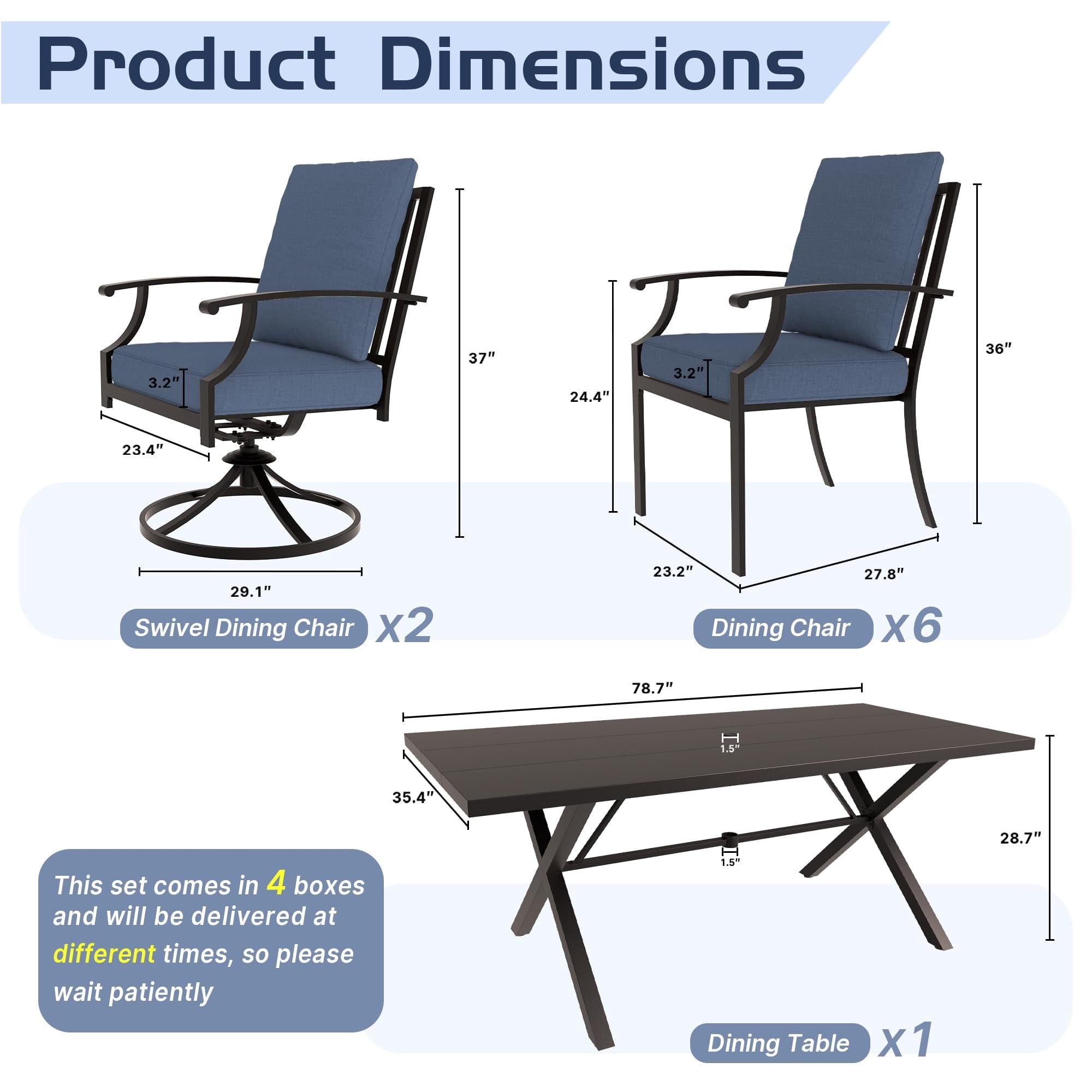 ALAULM 10 Piece Patio Dining Set w/14FT Umbrella, Metal Outdoor Furniture Set w/Rectangular table, 6 Fixed Chairs and 2 swivel rocking chairs for Patio, Backyard, Garden, Poolside（Grey）