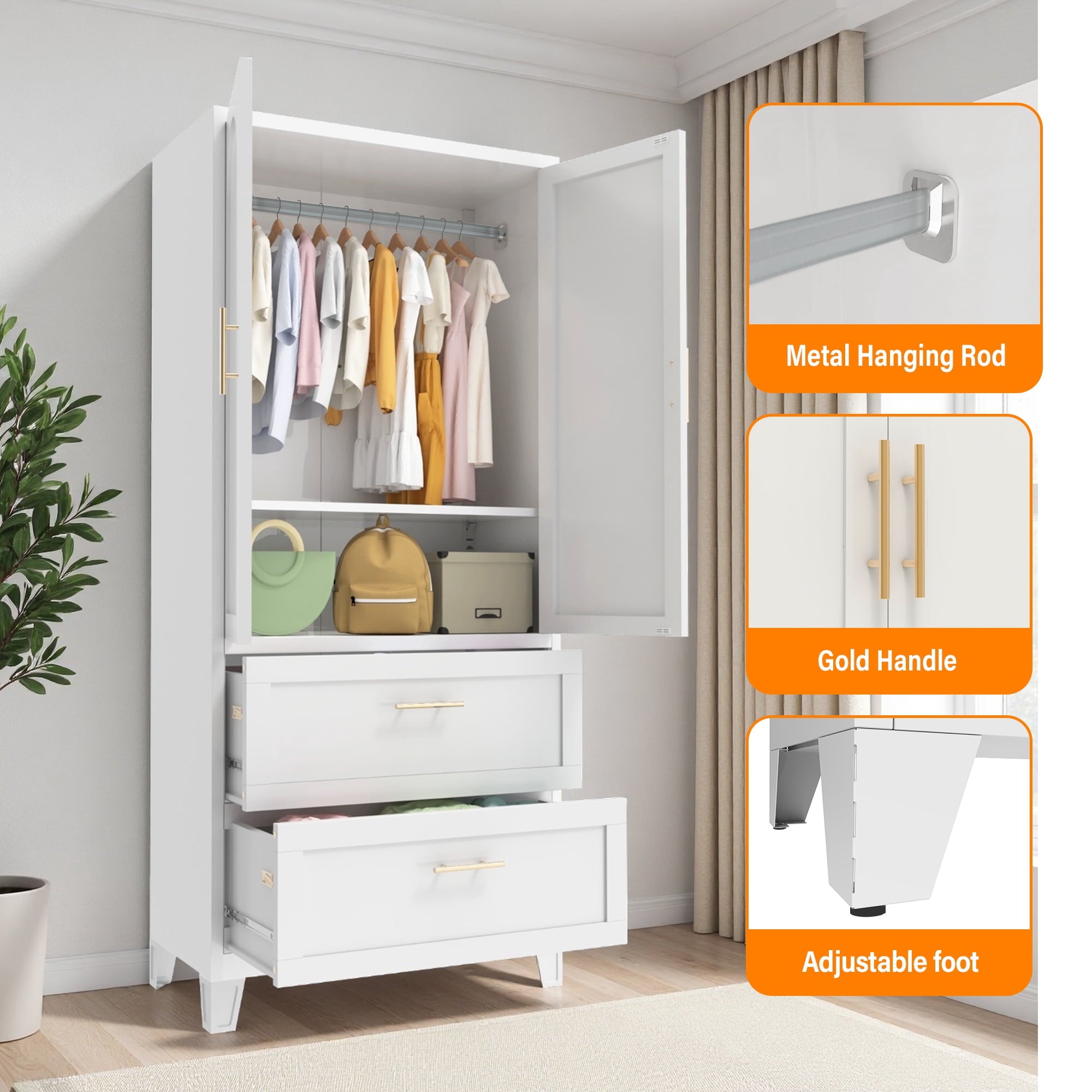 avobird 60 Tall Metal Wardrobe Cabinet with 1 Drawer and Hanging Rod, 2 Doors Wardrobe Closet with Shelf for Bedroom, Beige