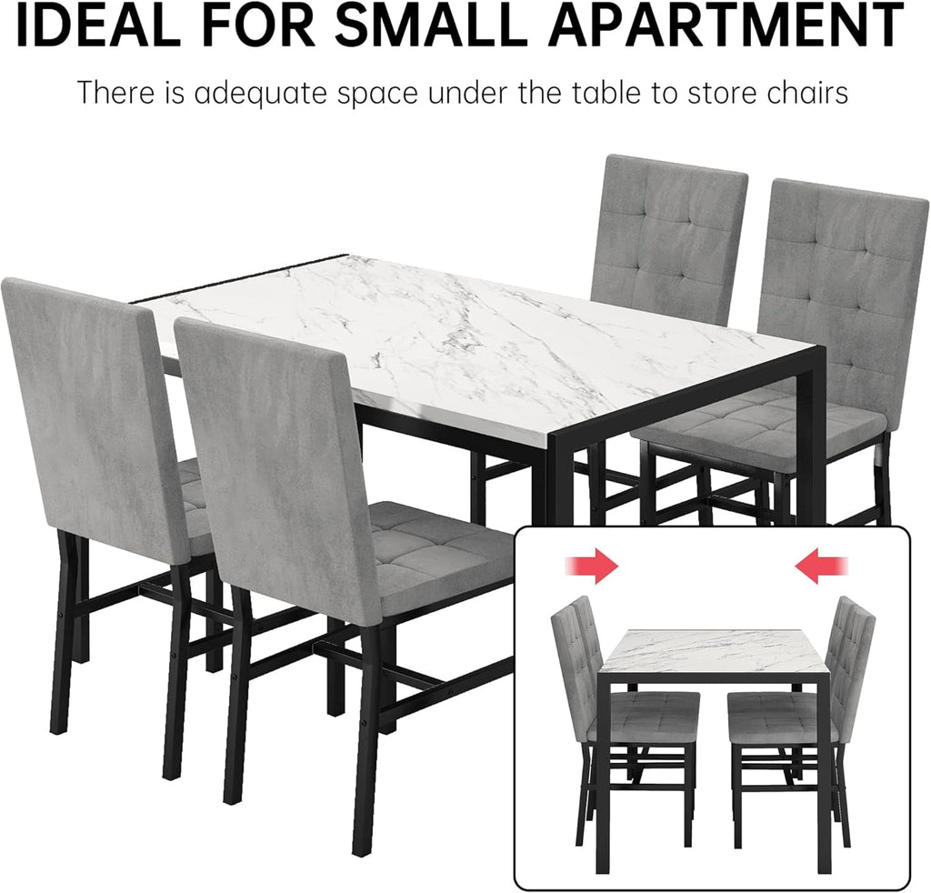 LinkRomat 5-Piece Faux Marble Dining Table Set for 4, Modern Kitchen Table with Chairs, Dinette Dining Room Furniture Set for Compact Space Saving