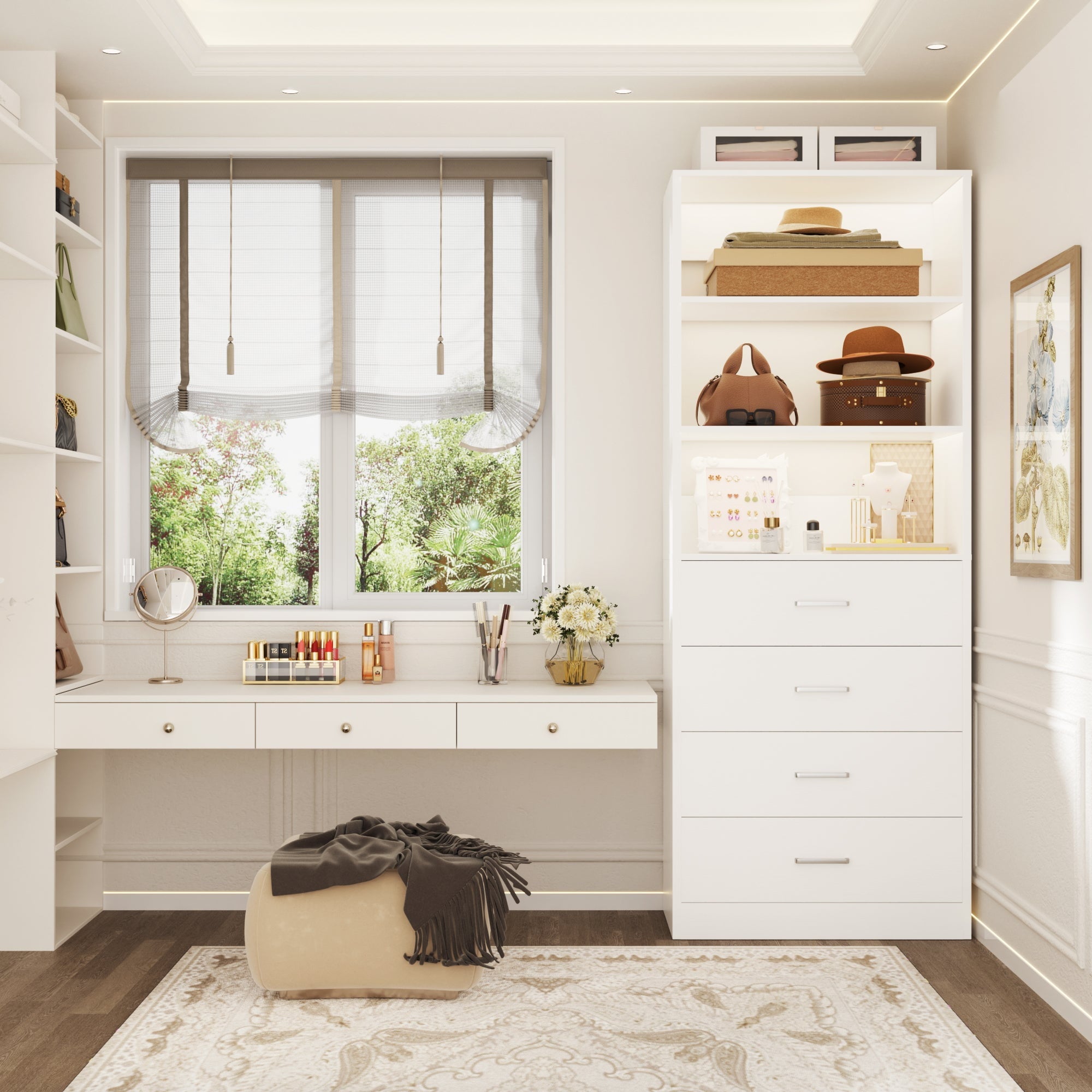Homieasy 21.3 Inch Freestanding Closet System with 4 Wood Drawers and 3 Shelves for Walk-in Closet, Bedroom, White