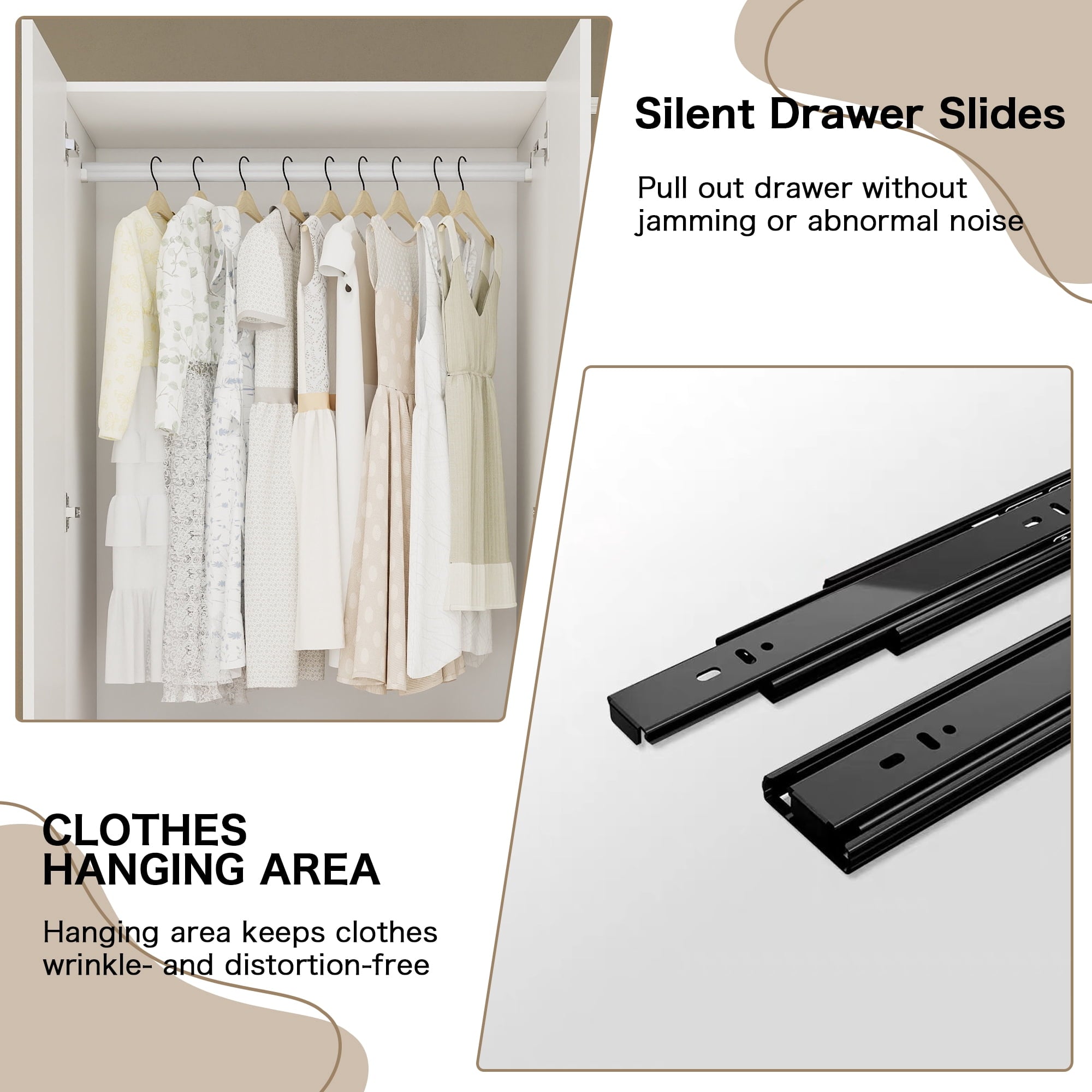 74.8''H Wooden Wardrobe Closet with 3 Drawers & Hanging Rod, 2-Door Armoire Cabinet with Smooth Drawer Slides for Bedroom