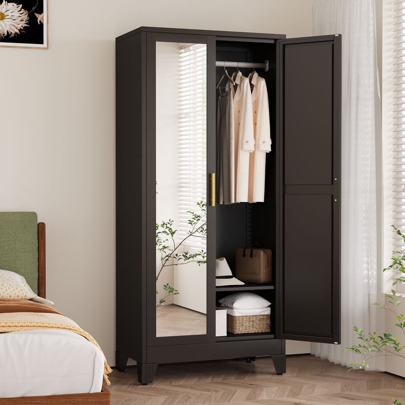 Ero Metal Freestanding Armoire Wardrobe Closet with Hanging Rod and Mirror