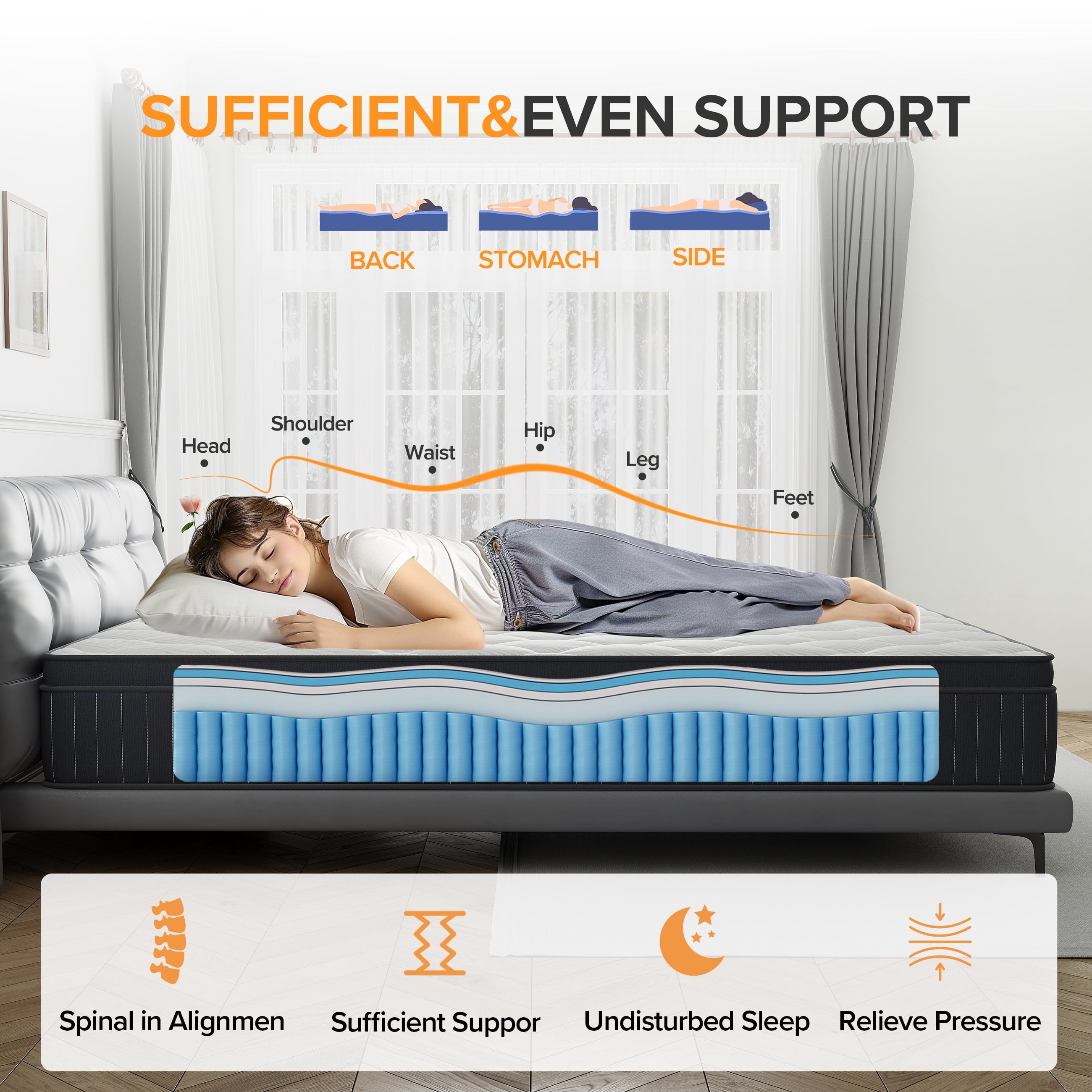 Babo Care 12 Inch Queen Mattress, Euro Top Hybrid Mattress, Medium Feel, Pocket Coils, Motion Isolation