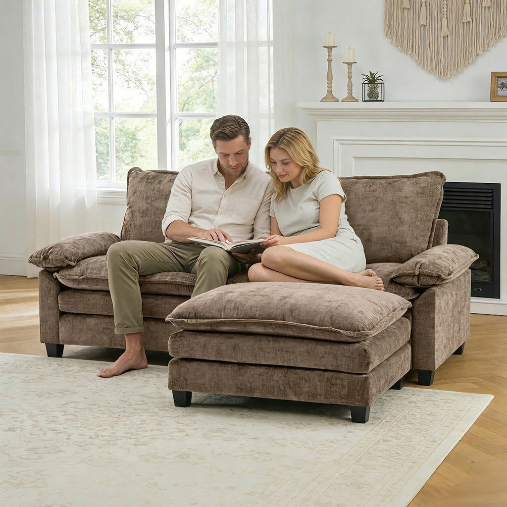 Ktaxon Sectional Sofa L Shaped Couch with Chaise Living Room Sleeper Set, 2 Seats with Chenille and Double Layer Cushions 86 W Beige