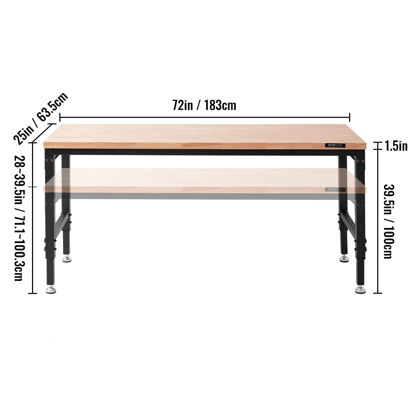 VEVOR Adjustable 28-39.5 Heights Workbench, 72 L X 25 W Garage Worktable with Universal Wheels, 3000 LBS Load Capacity, with Power Outlets