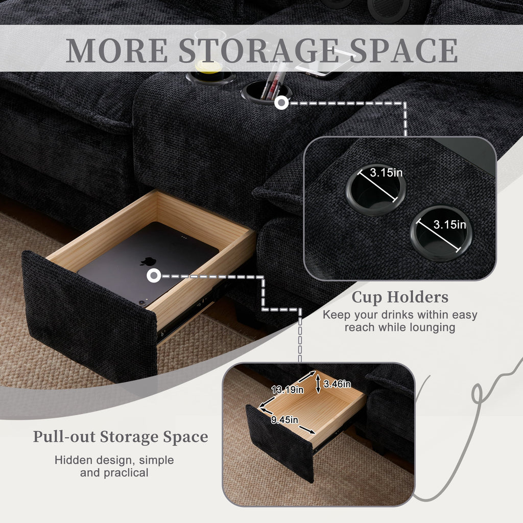 Villeston 126.77 U-Shaped Cloud Sofa With Chaise Lounge, Chenille Sofa With Wireless Charging, Bluetooth Speaker, Two Cup Holders, Storage Drawer, Suitable For Living Room,Gray