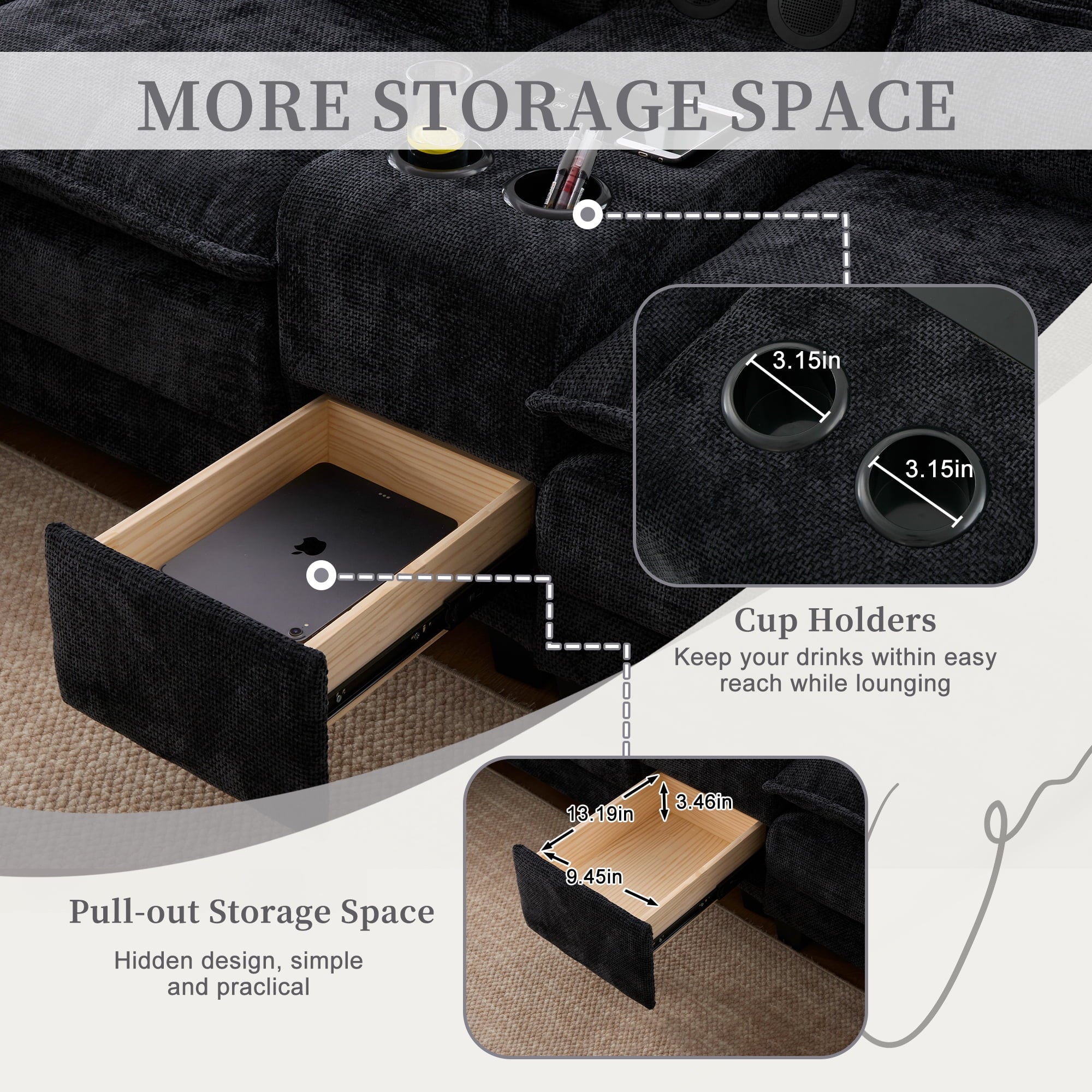 Villeston 126.77 U-Shaped Cloud Sofa With Chaise Lounge, Chenille Sofa With Wireless Charging, Bluetooth Speaker, Two Cup Holders, Storage Drawer, Suitable For Living Room,Gray