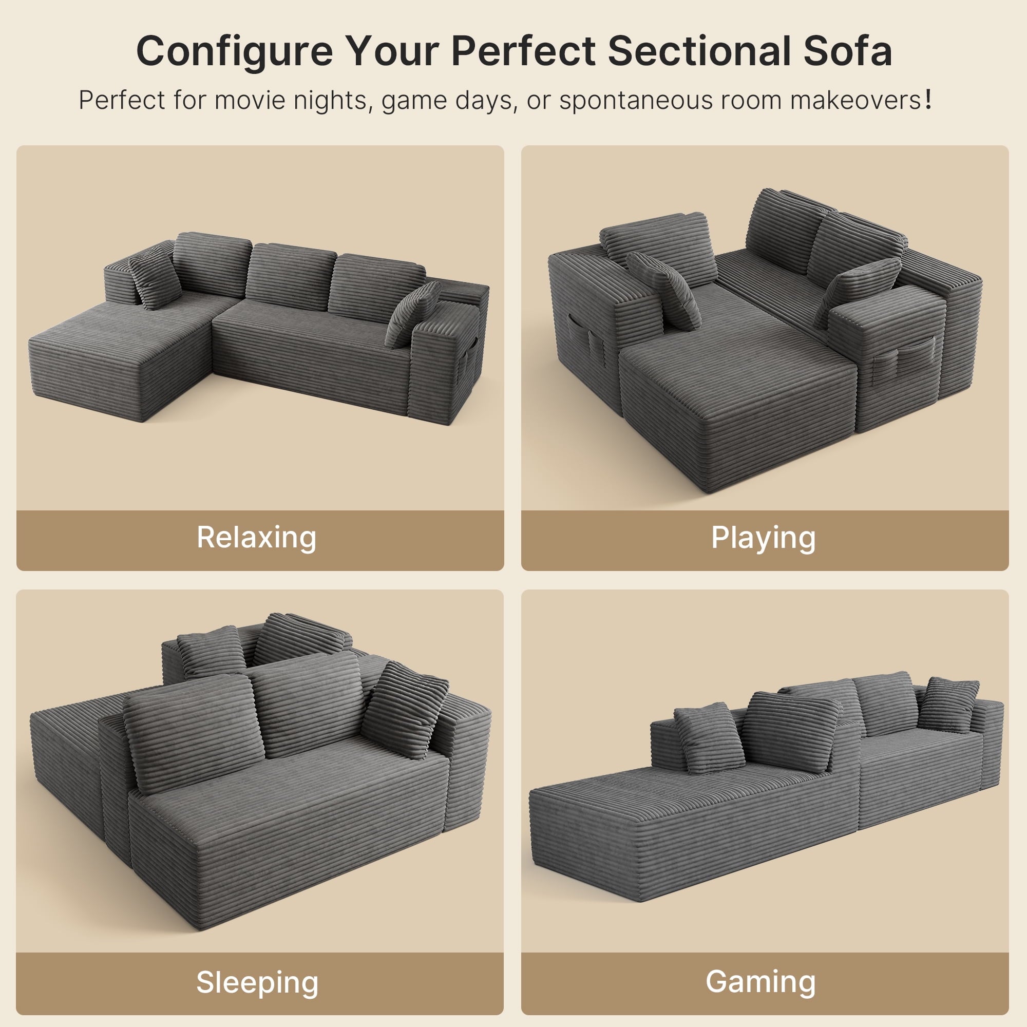 Sofa, Lofka 105 Free Assembly L-Shaped Sectional with Pet Friendly Corduroy Fabric, Black for Living Room/Apartment