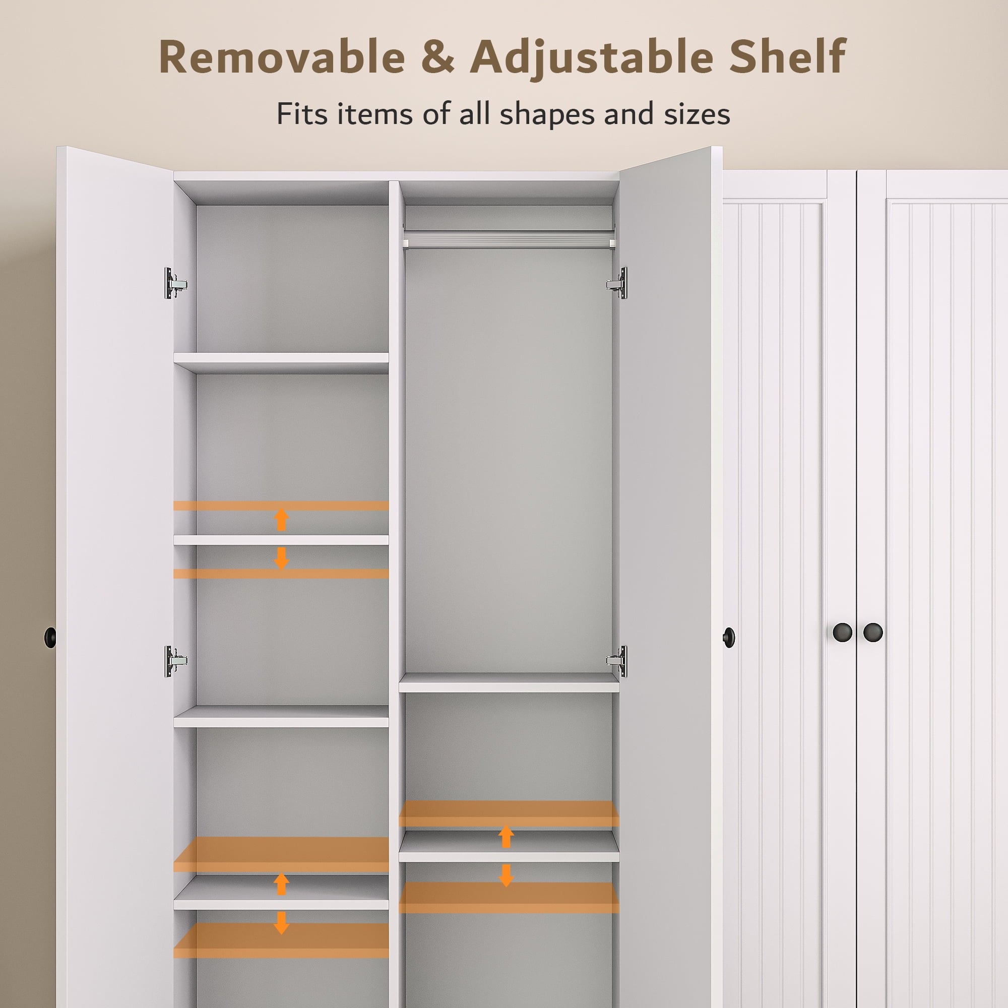 Laisnet 67H Armoire Wardrobe Closet with 4 Doors and 2 Drawers, Adjustable Shelves & Hanging Rods for Bedroom, White