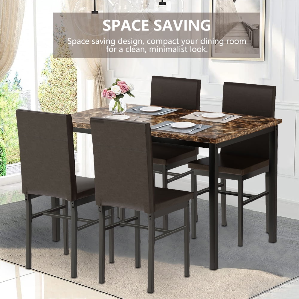 5 Piece Dining Table Set, Modern Faux Marble Tabletop and 4 PU Leather Upholstered Chairs, Rectangle Kitchen Table and Chairs for 4 Persons, Small Dining Set for Bar Dining Room Breakfast Nook