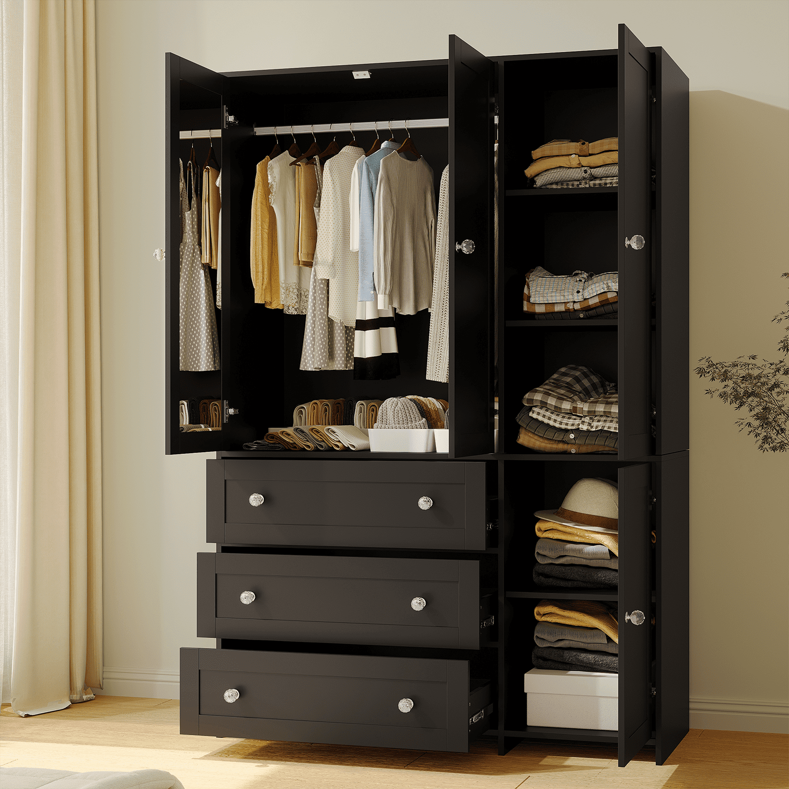Richya Wardrobe Closet Armoire Storage Cabinet 3 Doors with Hanging Rod for Hanging Clothes Bedroom Large Capacity Tall Freestanding Armoire Organizer with Shelves particle board
