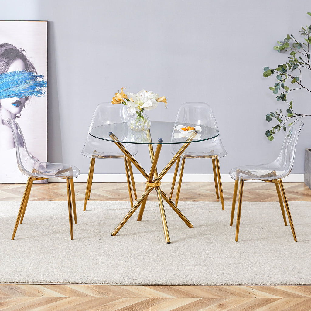 LUFTUT 36.6 Round Glass Dining Table, Modern Gold Base Kitchen Table, Small Space Bistro Table, Clear Tempered Glass Top for Apartmen