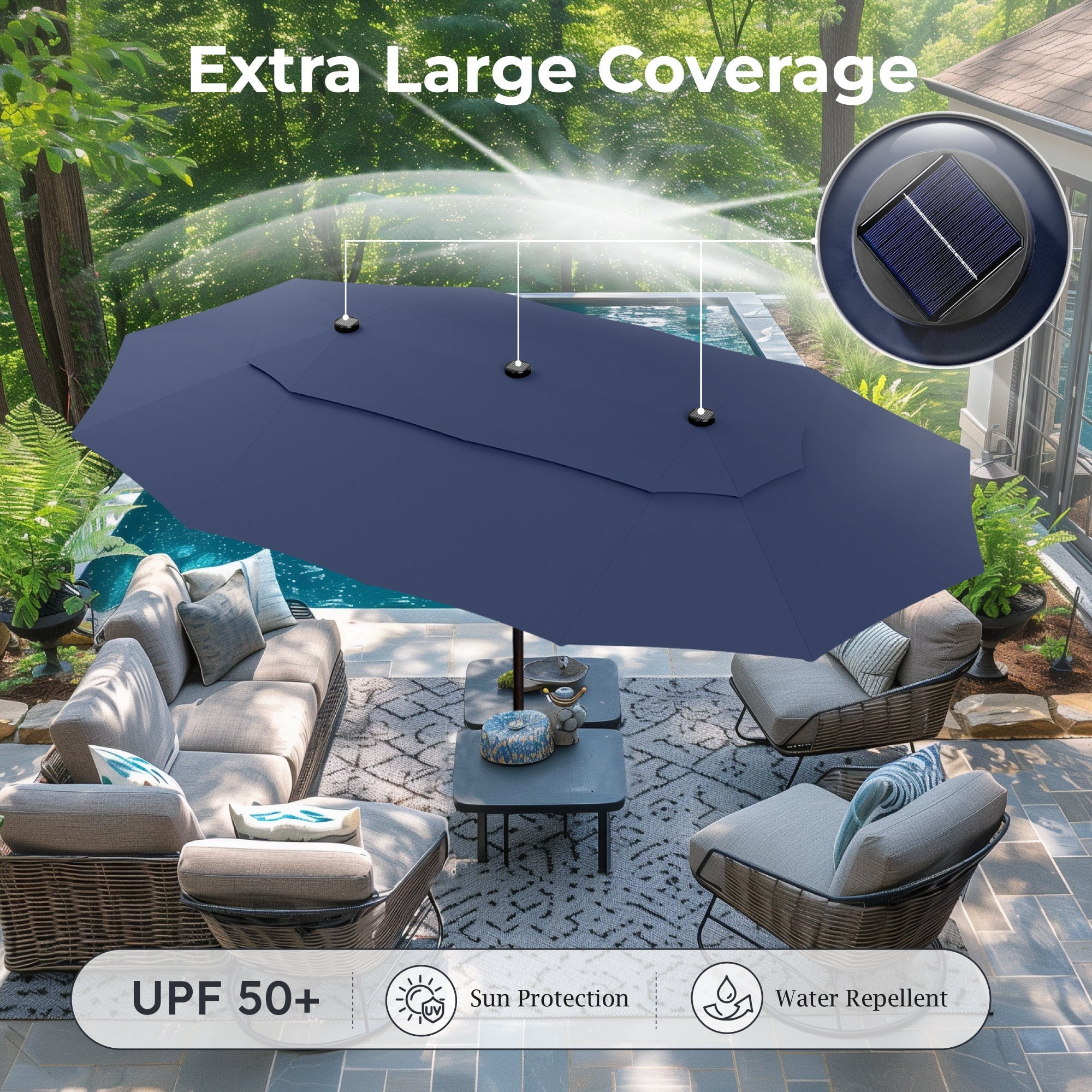 Alpha Joy 15ft Dual-Layer Extra Large Outdoor Patio Umbrella Double-Sided Ventilation Umbrella with Led Lights & Umbrella Base, Beige