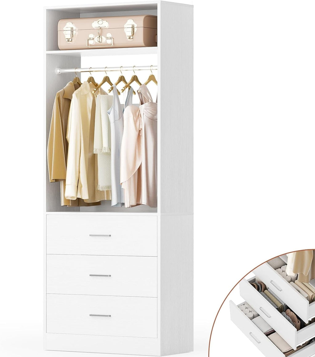 Homieasy Freestanding 2FT Closet System with 3 Wood Drawers, 24 Closet Organizer System with Hanging Rod & Shelves, Walk-in Closet Systems for Small Closets, White