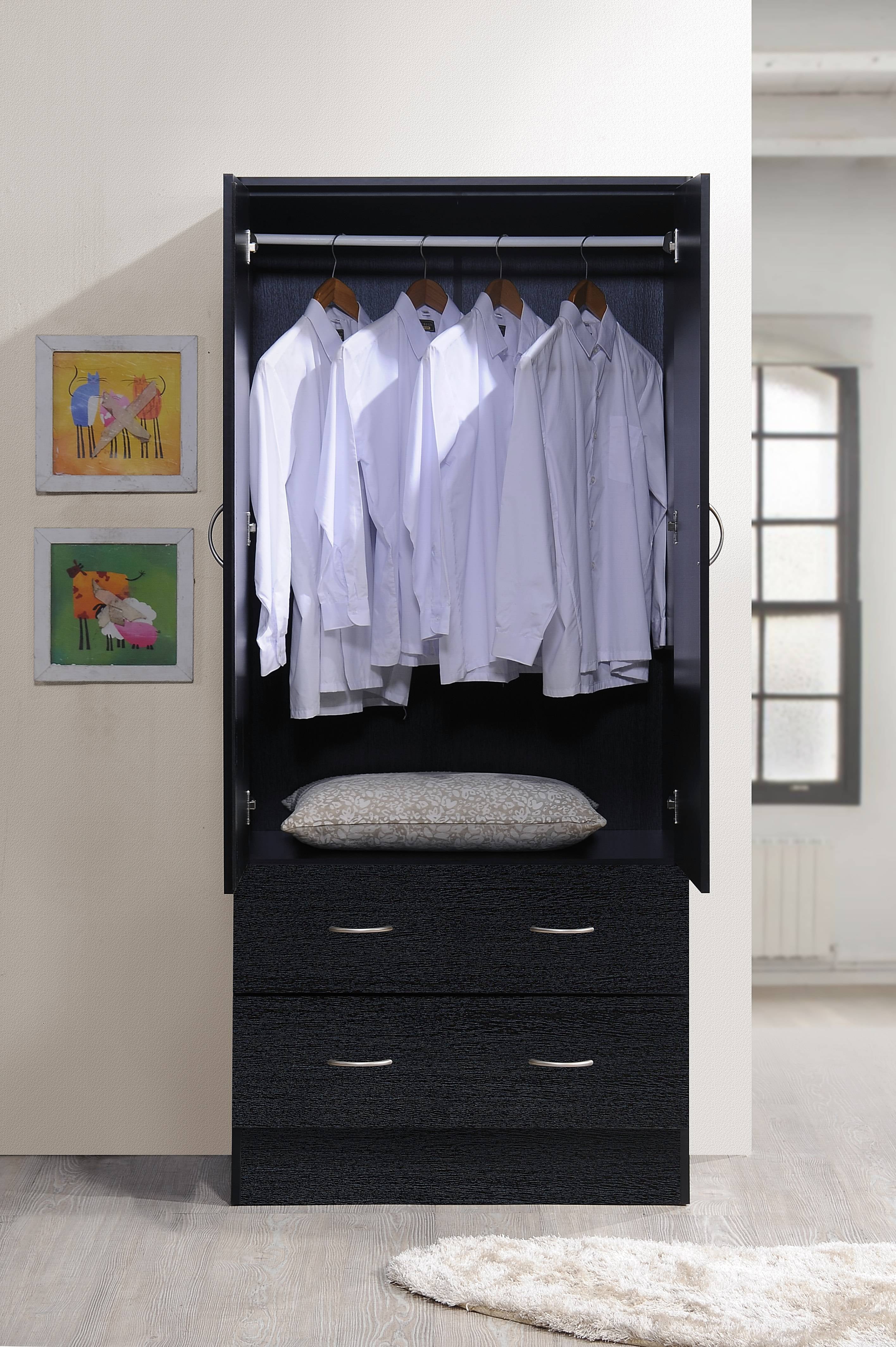 Hodedah 2-Door Armoire with 2-Drawers and Clothing Rod in Black