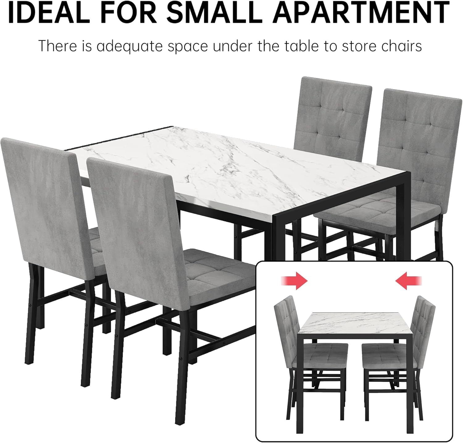 MOOSENG 5-Piece Dining Table Set with Faux Marble Top, Modern Kitchen Table and Set of 4 Grey Velvet Upholstered Chairs, Space-Saving Dinette Set for Small Spaces