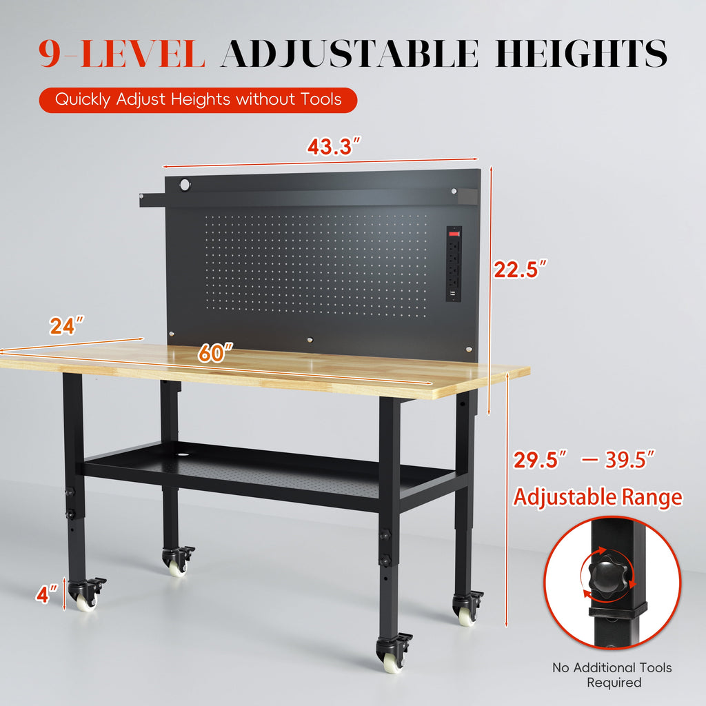 Joywind 60 Heavy-Duty Adjustable Workbench with Locking Wheels, Power Strip & Pegboard – Rubber Wood Work Table for Garage, Workshop, Home Office