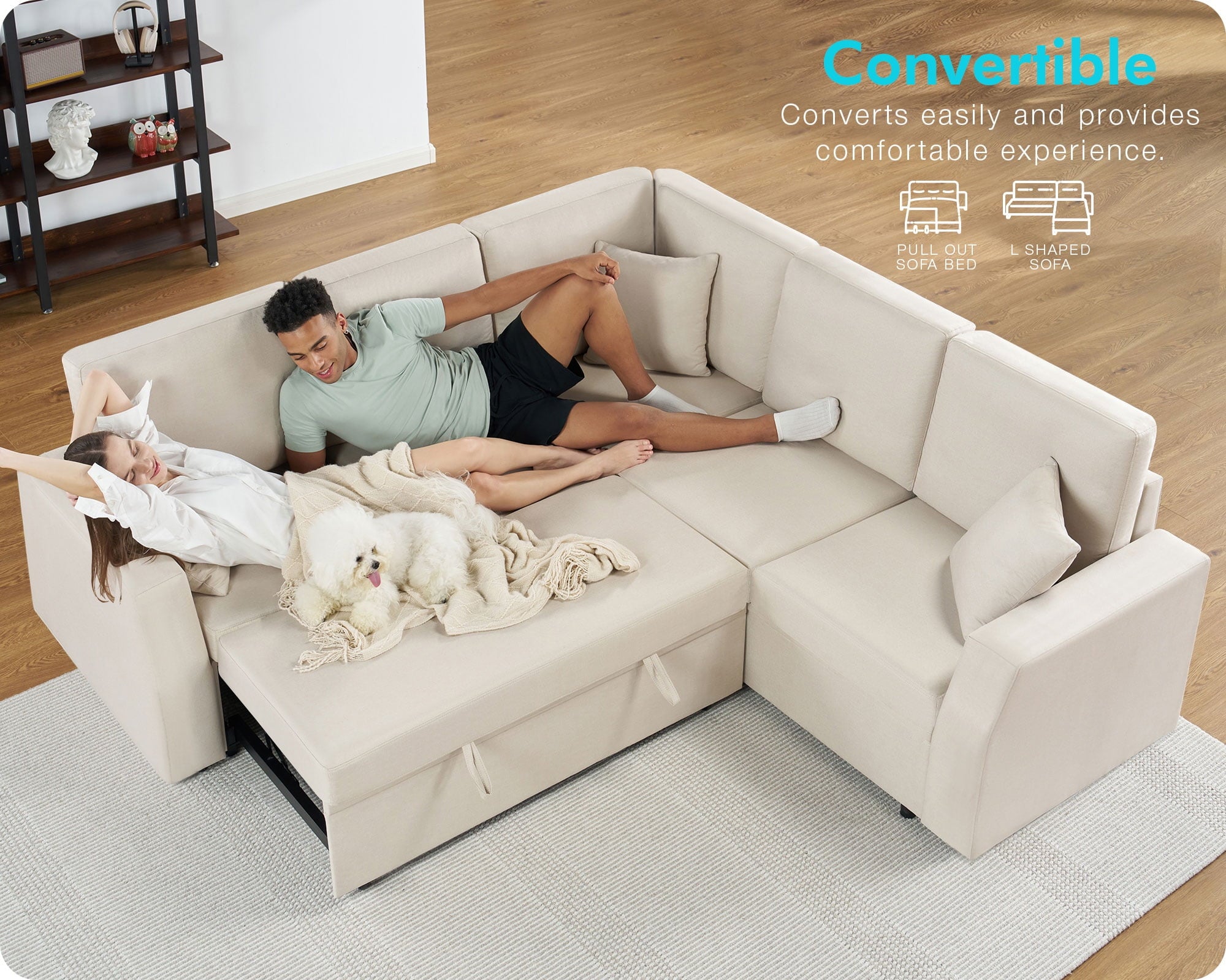 VanAcc 85 Sleeper Sofa Bed, Reversible L-Shape Sectional with Storage