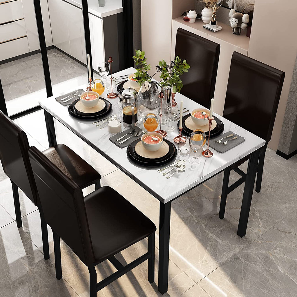 MIERES 5-Piece Dining Table Set for 4, Faux Marble Kitchen Table and 4 Chairs, Modern Dining Room Table with 4 Chairs, Dinner Table Set for Small Spaces, Brown