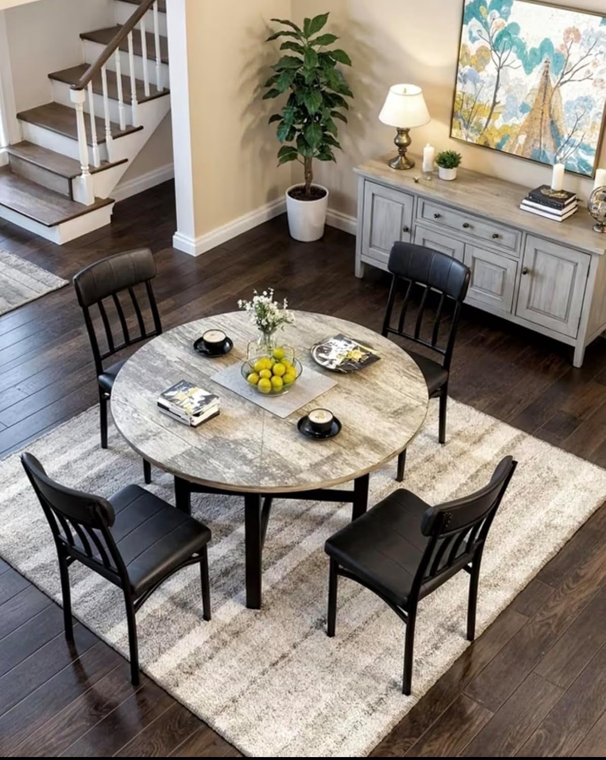 MIERES Round Dining Table Set for 4,Wood Round Kitchen Table and Chairs Set for 4,Modern Dining Room Table Set with 4 Faux Leather Chairs,Round Dinner Table for Small Space Gray