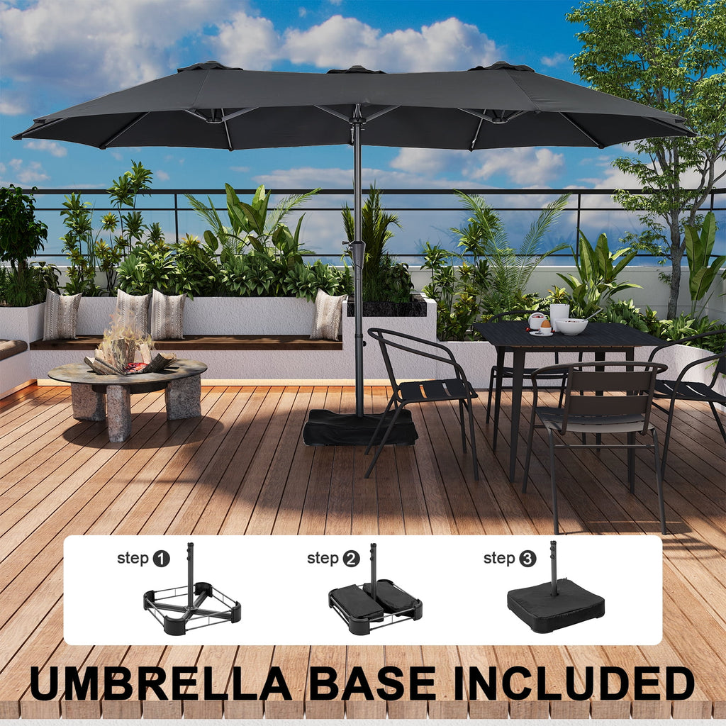 Ainfox 15ft Large Patio Umbrella with Solar Lights, Double-Sided Outdoor Rectangle Table Umbrellas with Sand Bag Base，Beige