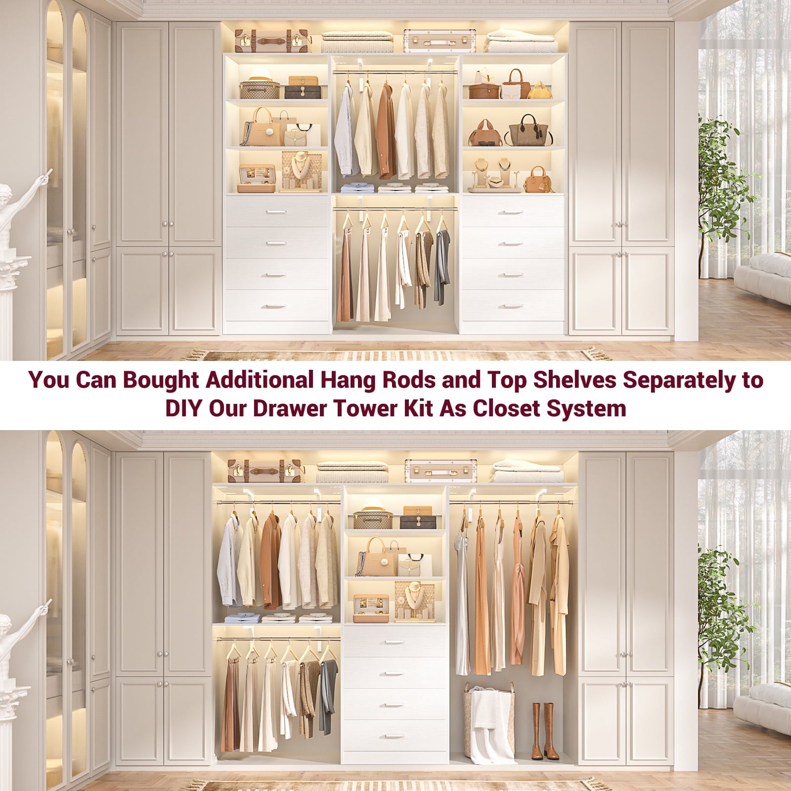 Homieasy 21.3 Inch Freestanding Closet System with 4 Wood Drawers and 3 Shelves for Walk-in Closet, Bedroom, White