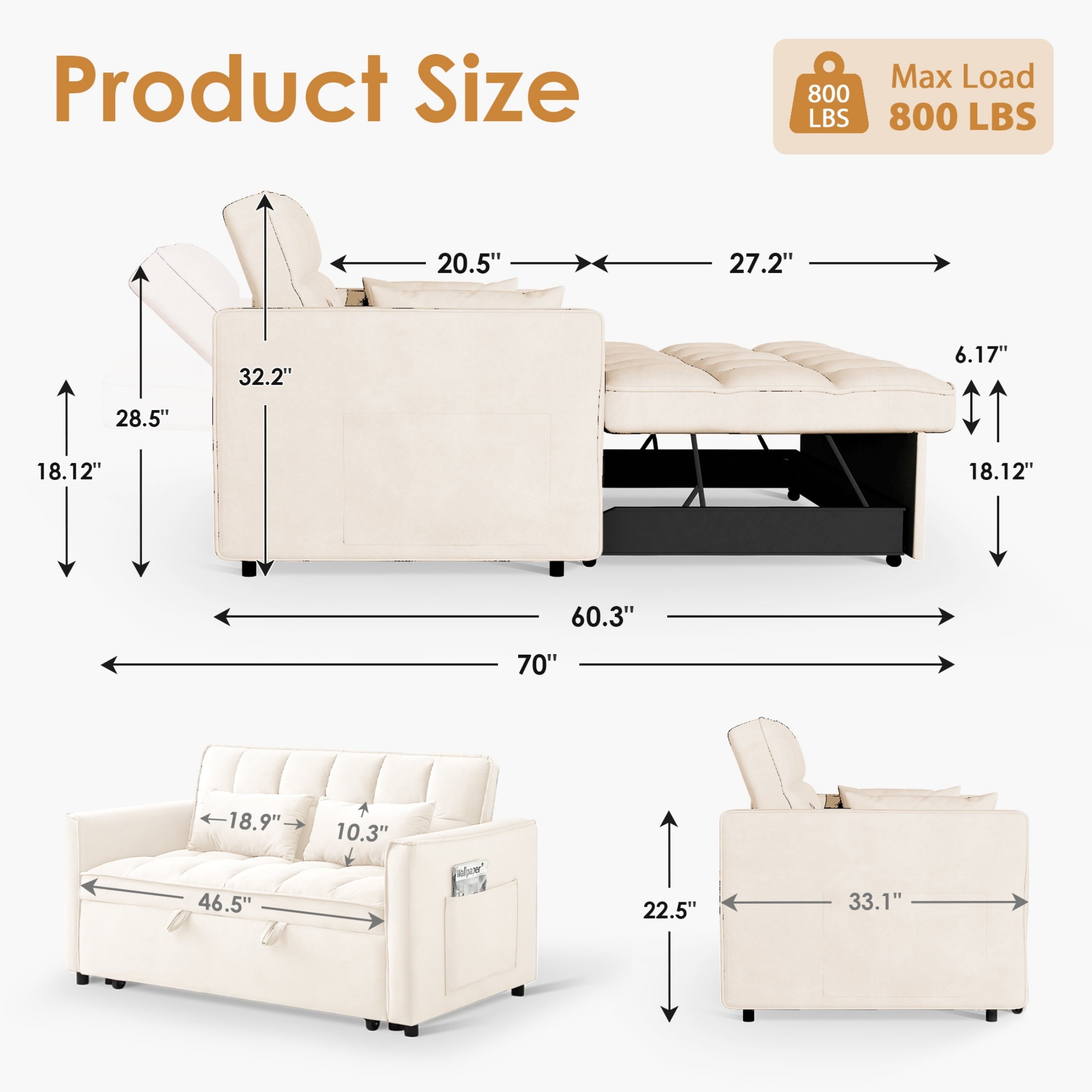 Anpport 3-in-1 Convertible Sleeper Sofa Bed, Pull-Out Loveseat Couch with Adjustable Back for Small Spaces, Velvet Fabric, 55, Dark Gray