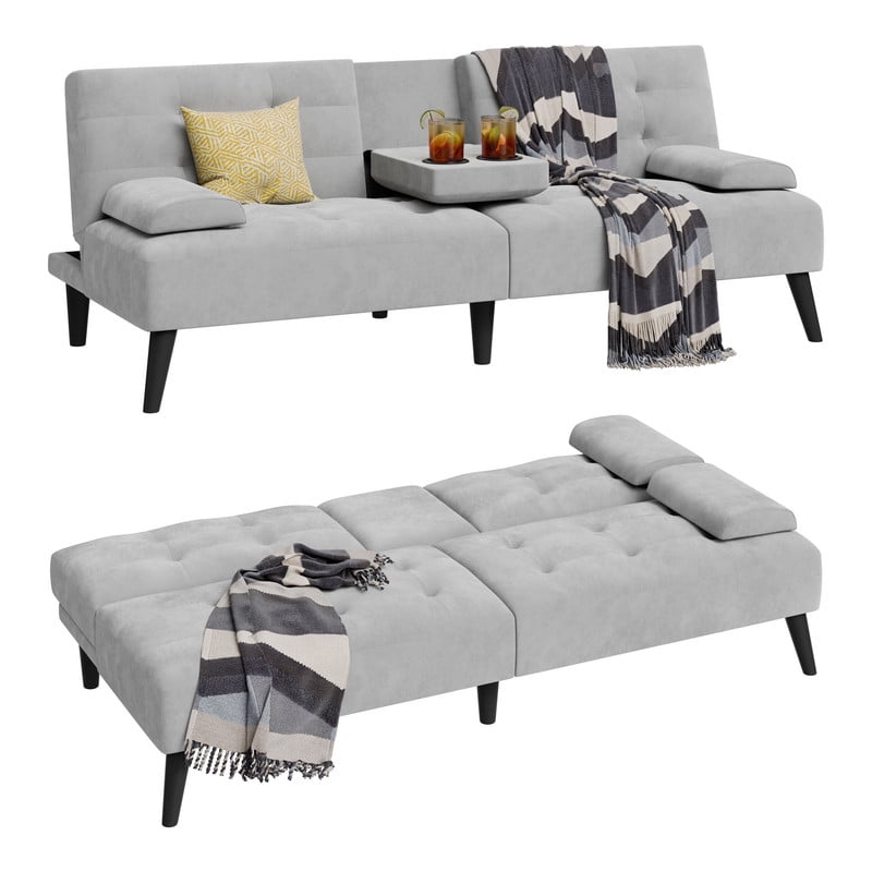 Walsunny Convertible Futon Sofa Bed, Foldable Futon Sleeper Sofa Bed with 2 Cup Holders, Folding Loveseat Recliner with 3-Angle Adjustment Modern Couch for Living Room, Small Space, Pink