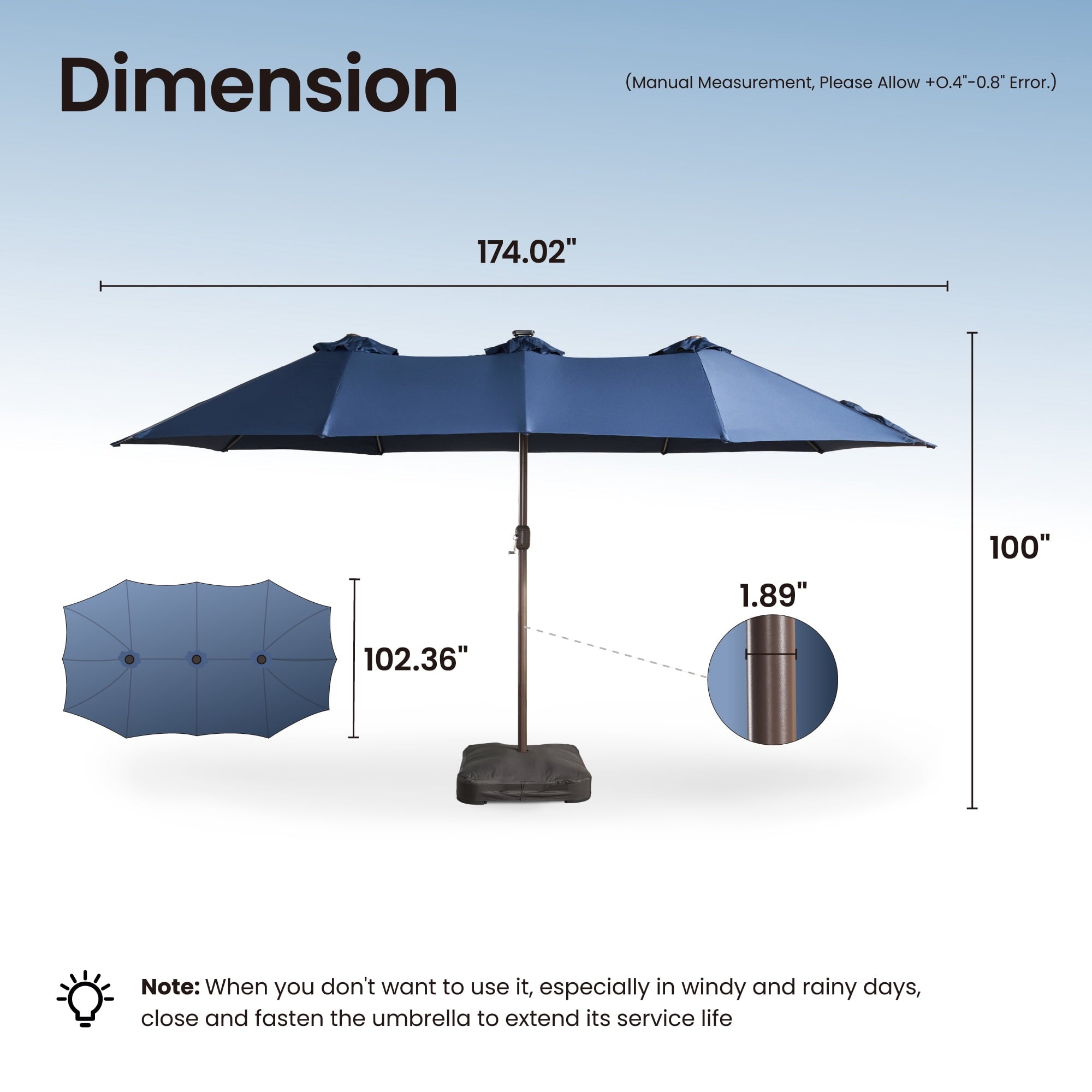 Ovios 15ft Solar LED Patio Umbrellas Double-Sided Outdoor Umbrella 36 LED Lights Large Poolside Umbrella with Base for Outside, Market, Backyard, Dark Grey